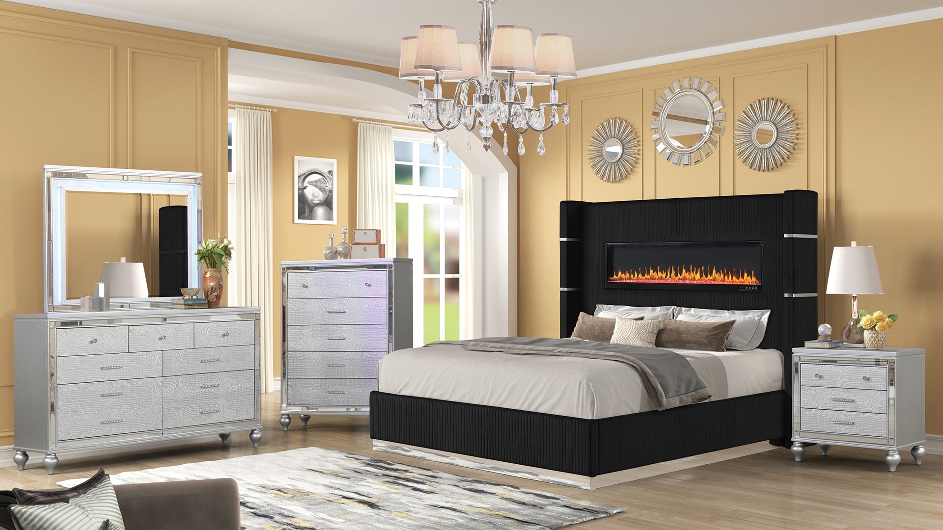 LIZZELLE Upholstery Wooden King 5 PC Bedroom set with Ambient lighting in Black Velvet Finish(NJ INVENTORY)