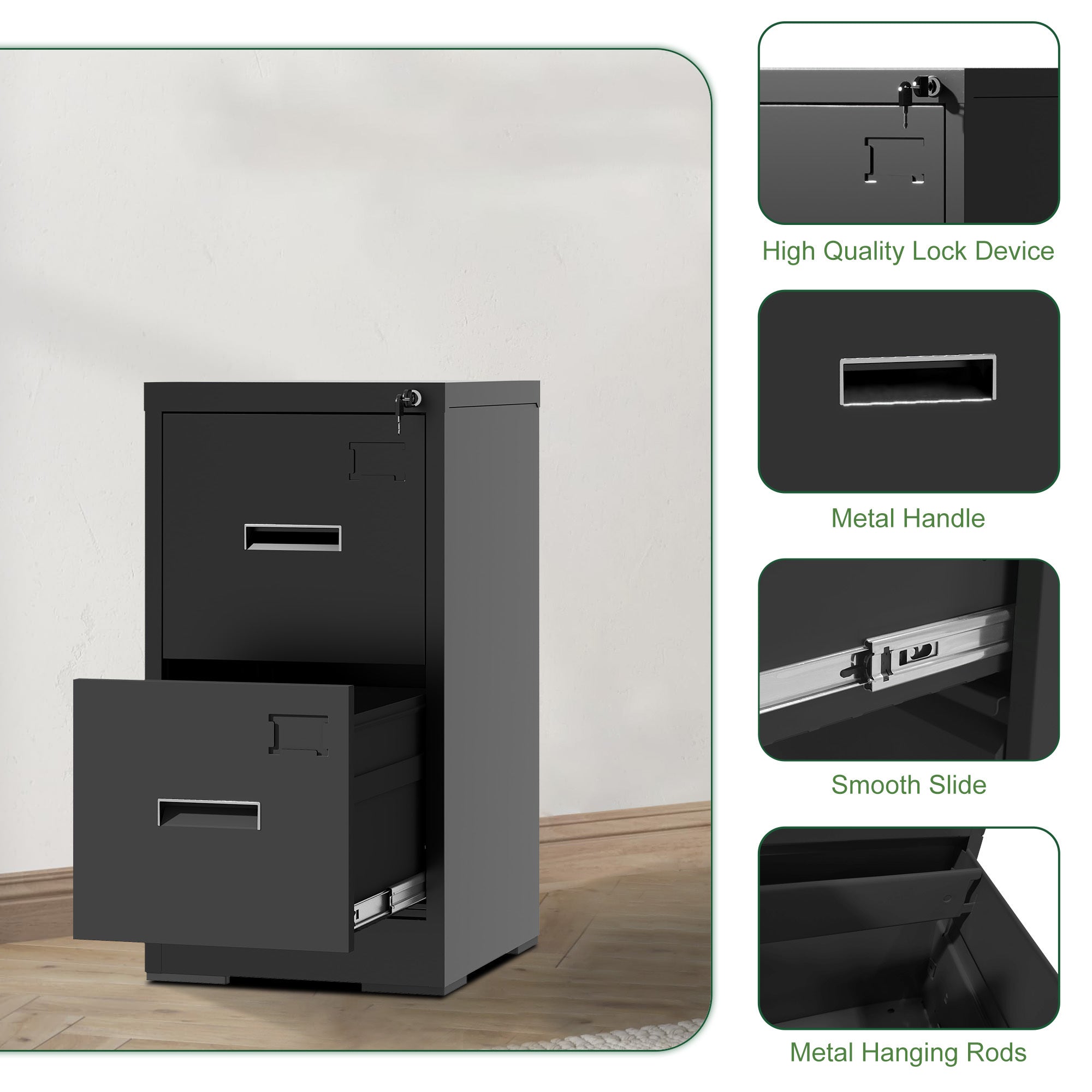 Modern Black 2 Drawer Metal Vertical File Cabinet with Lock and Card Slot for Office and Home Use