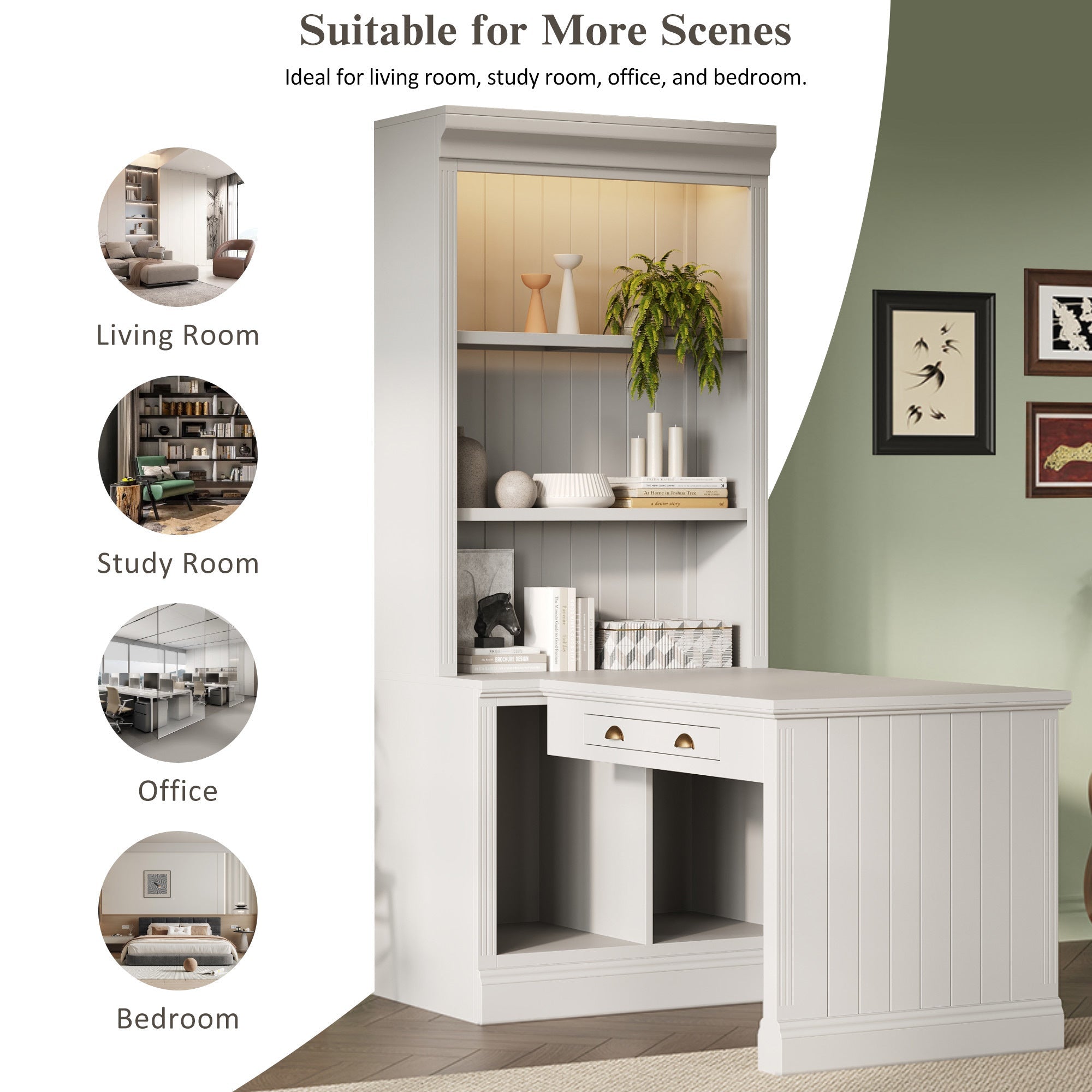 83.4'Tall Bookshelf with Writing Desk, Modern Bookcase with Study Desk, Workstation with Storage Shelf,Storage Bookcase with Open Shelves and LED Lighting for Living Room,Home Office,White