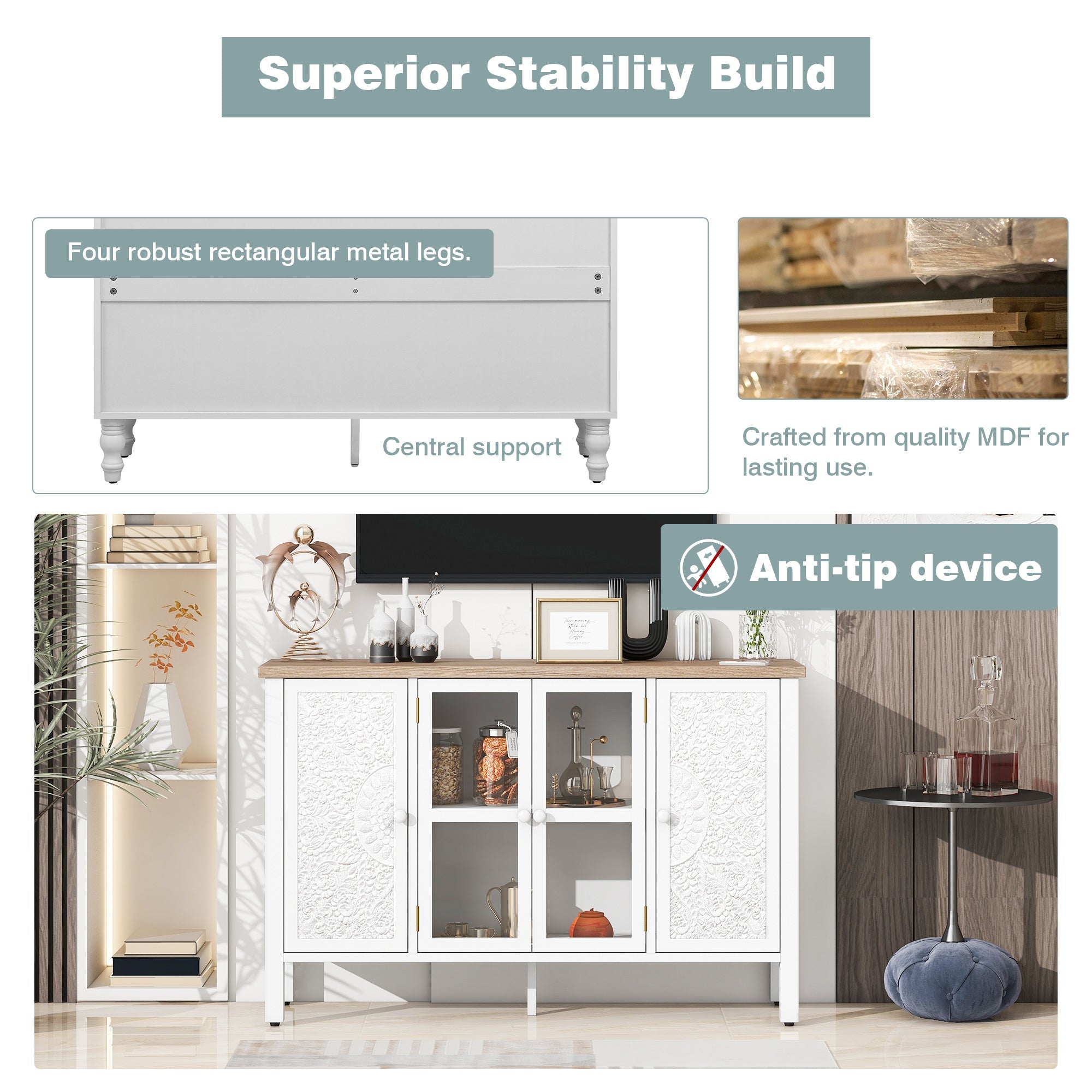 U-Can 47.2'' Retro TV Stand for TVs up to 43 Inches, Entertainment Center Media Console Cabinet with 3 Spacious Cabinets, Glass Cabinet Doors and Anti-tip Device for Living room