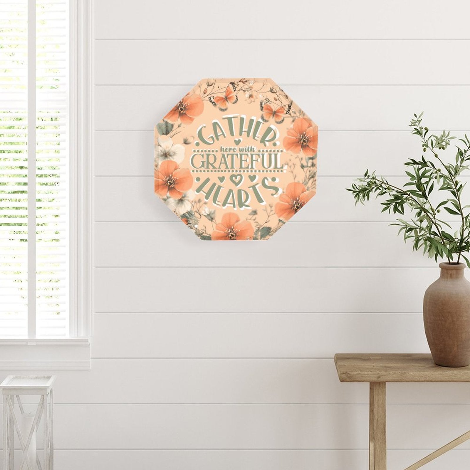 Gather Here with Grateful Hearts Orange Octagonal Metal Decorative Sign - 12"x12"