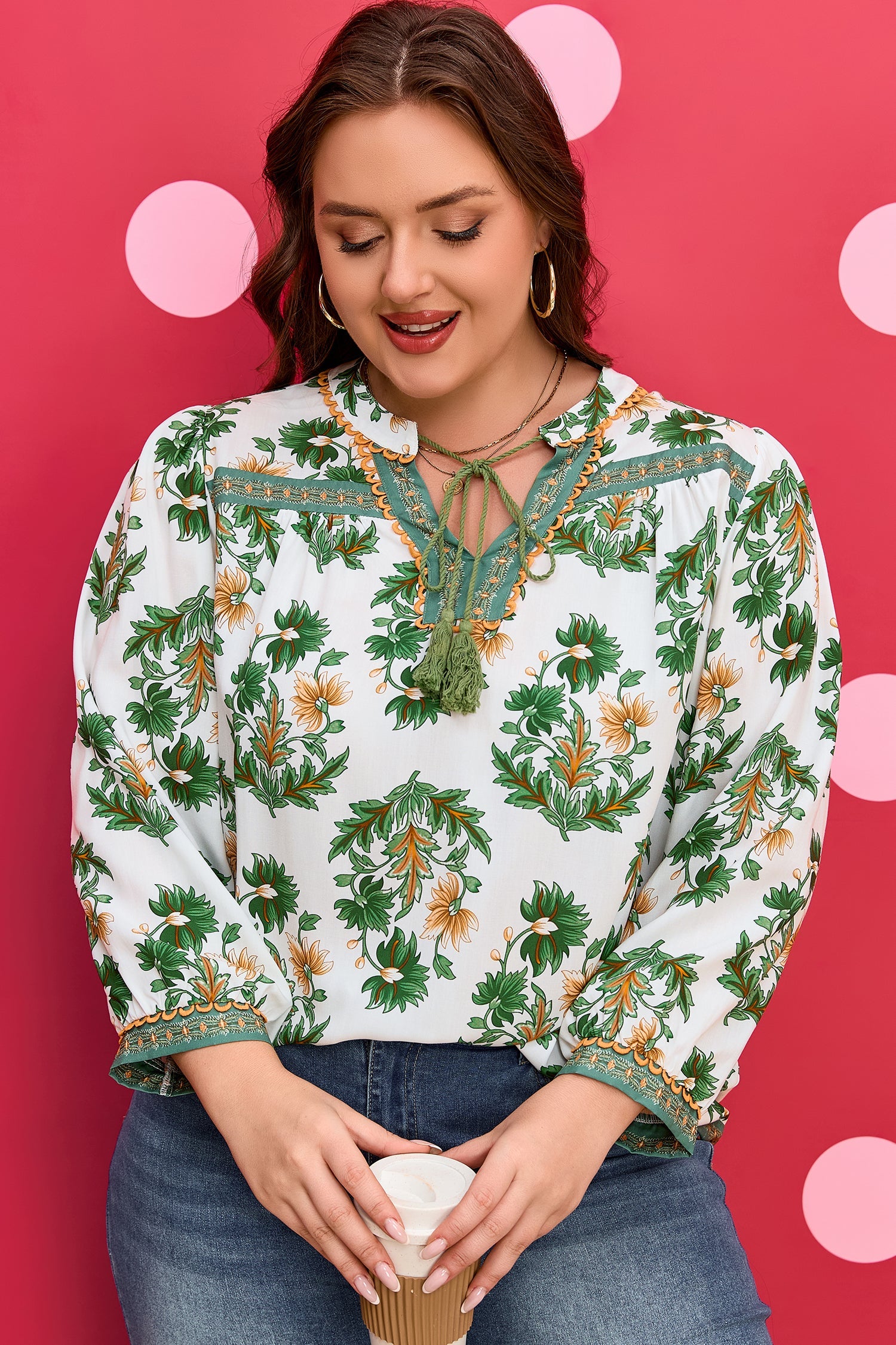 Plus Size Floral Patchwork Tassel Tie Blouse