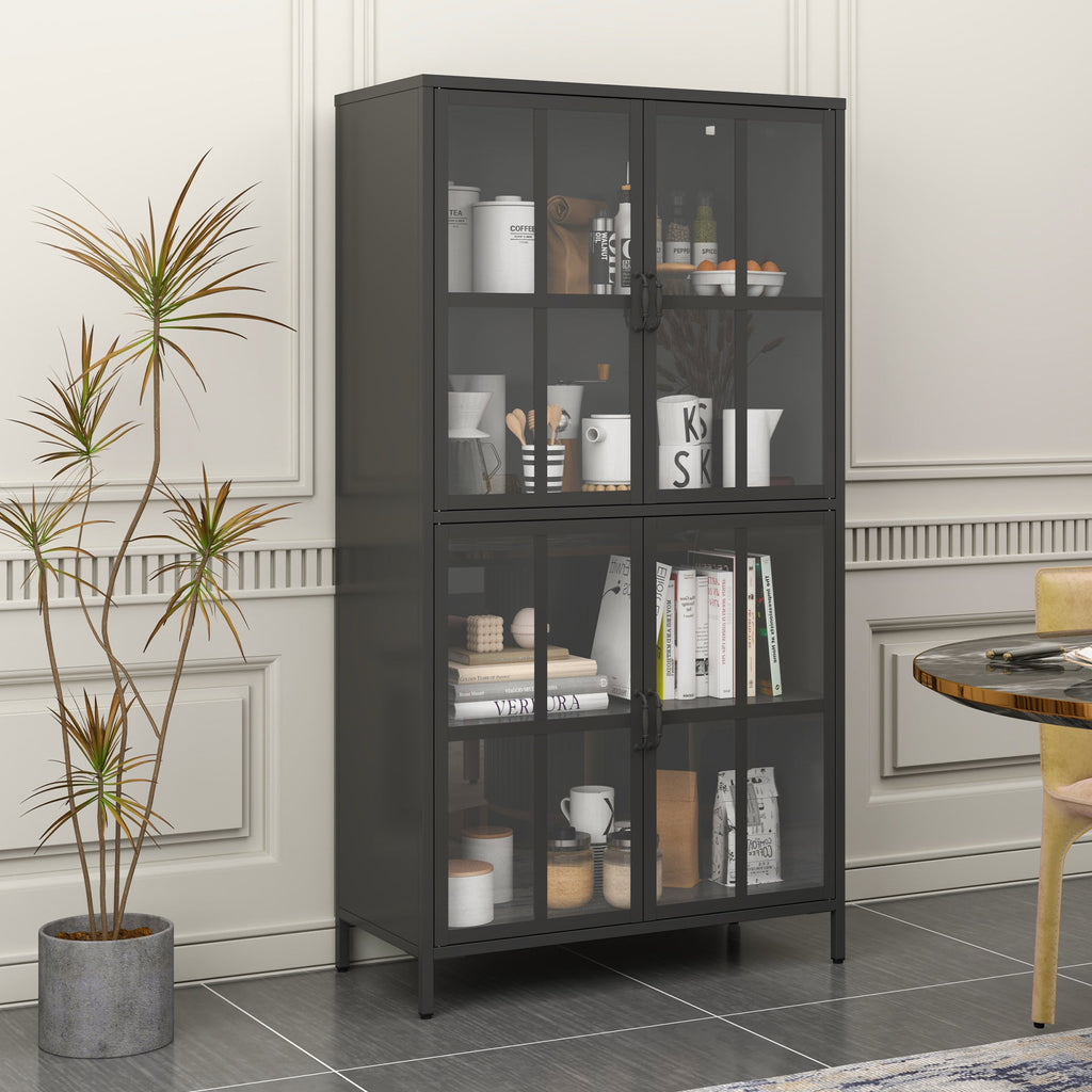Premium Black Metal Storage Cabinet with Tempered Glass Doors, Adjustable Shelves, and Anti-Tipping Device
