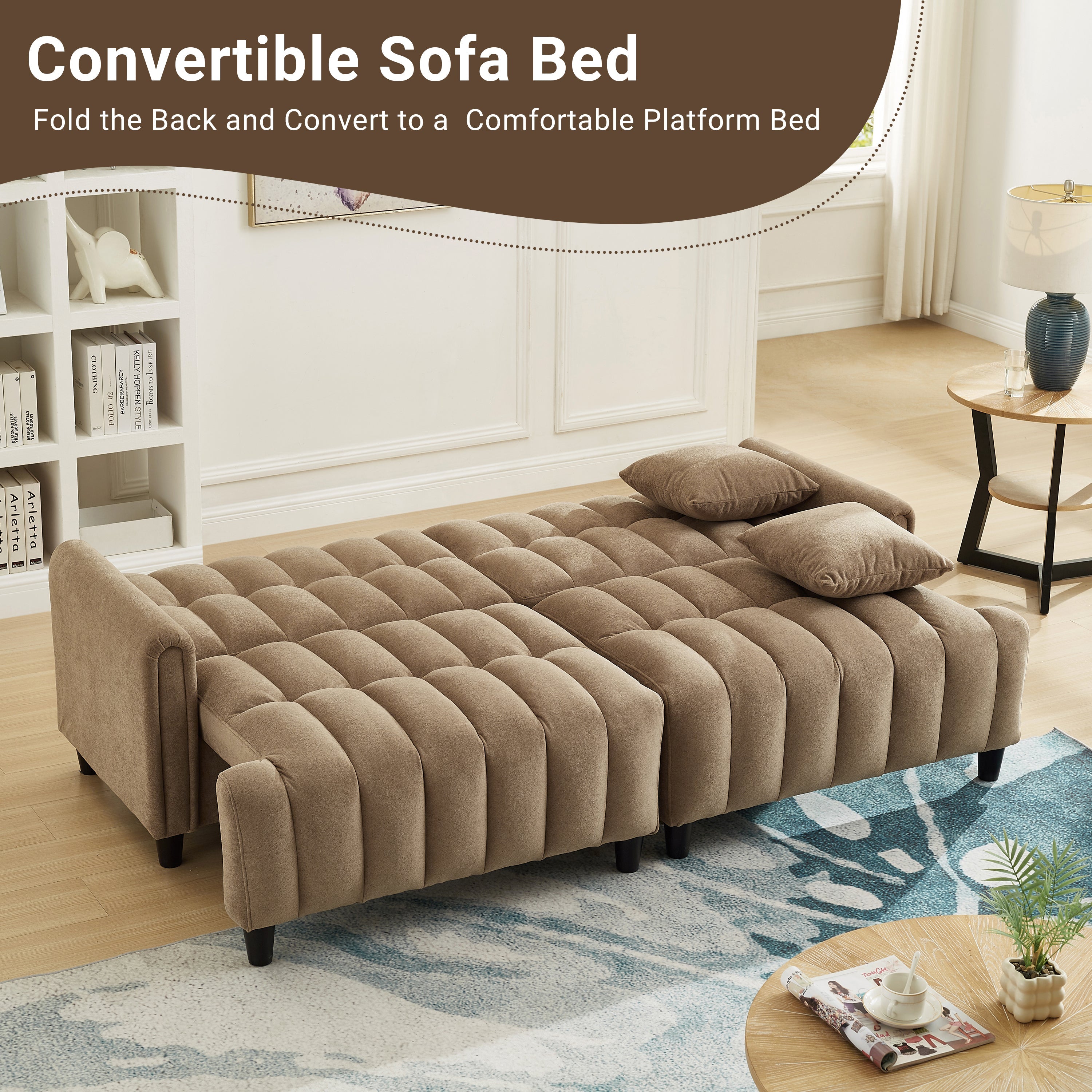 83''  Futon Sofa Bed, Polyester Fabric Comfy Futon Couch Bed with 2 Square Pillows, Convertible Sleeper Sofa with Adjustable Backrest,  Modern Loveseat Sleeper for Living Room, Brown
