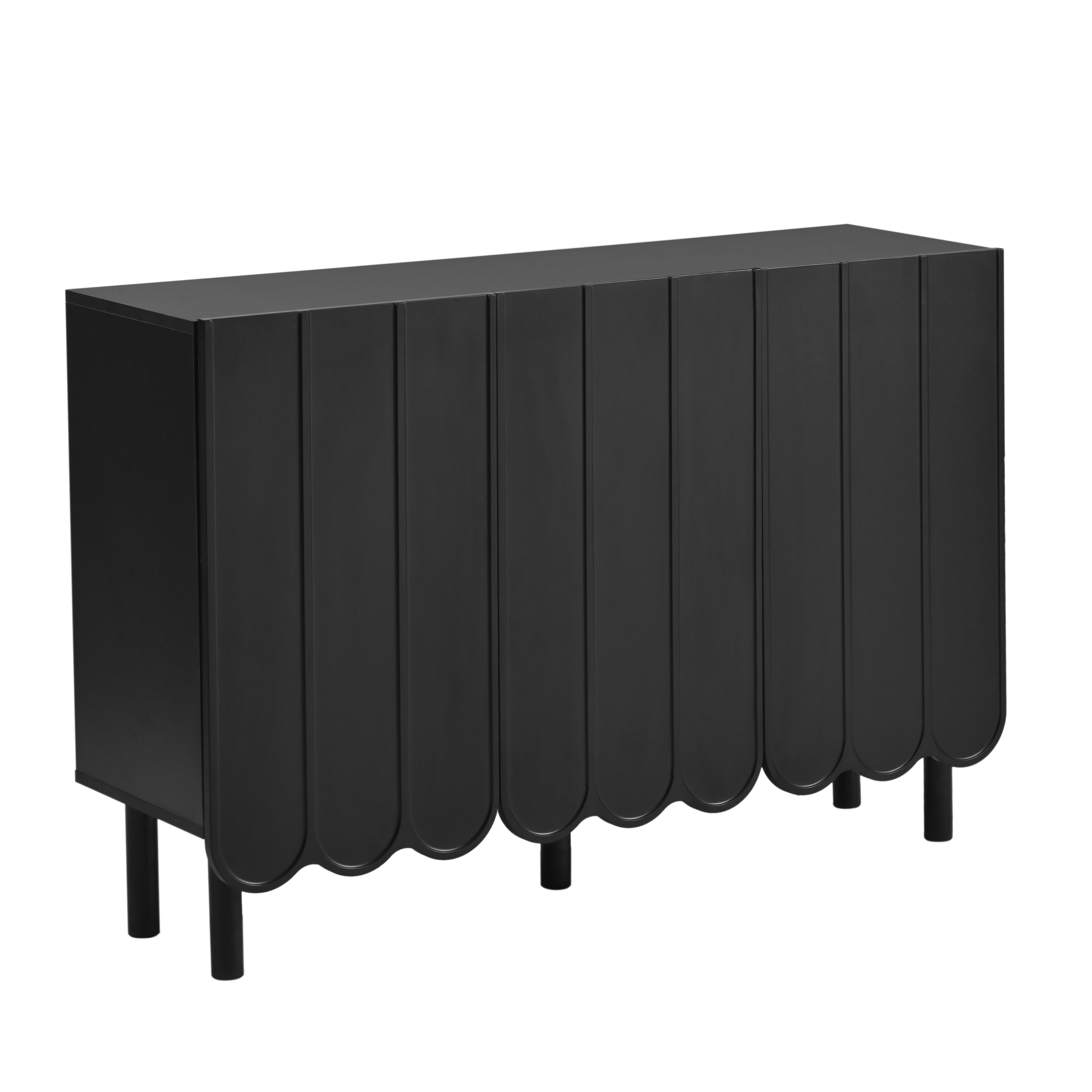 ON-TREND Cream Style Minimalist Shoe Cabinet with 5 Solid Wood Legs, Sideboard Buffet Cabinet with Adjustable Shelves, Large Storage Cabinet with Wave Doors for Living Room, Black