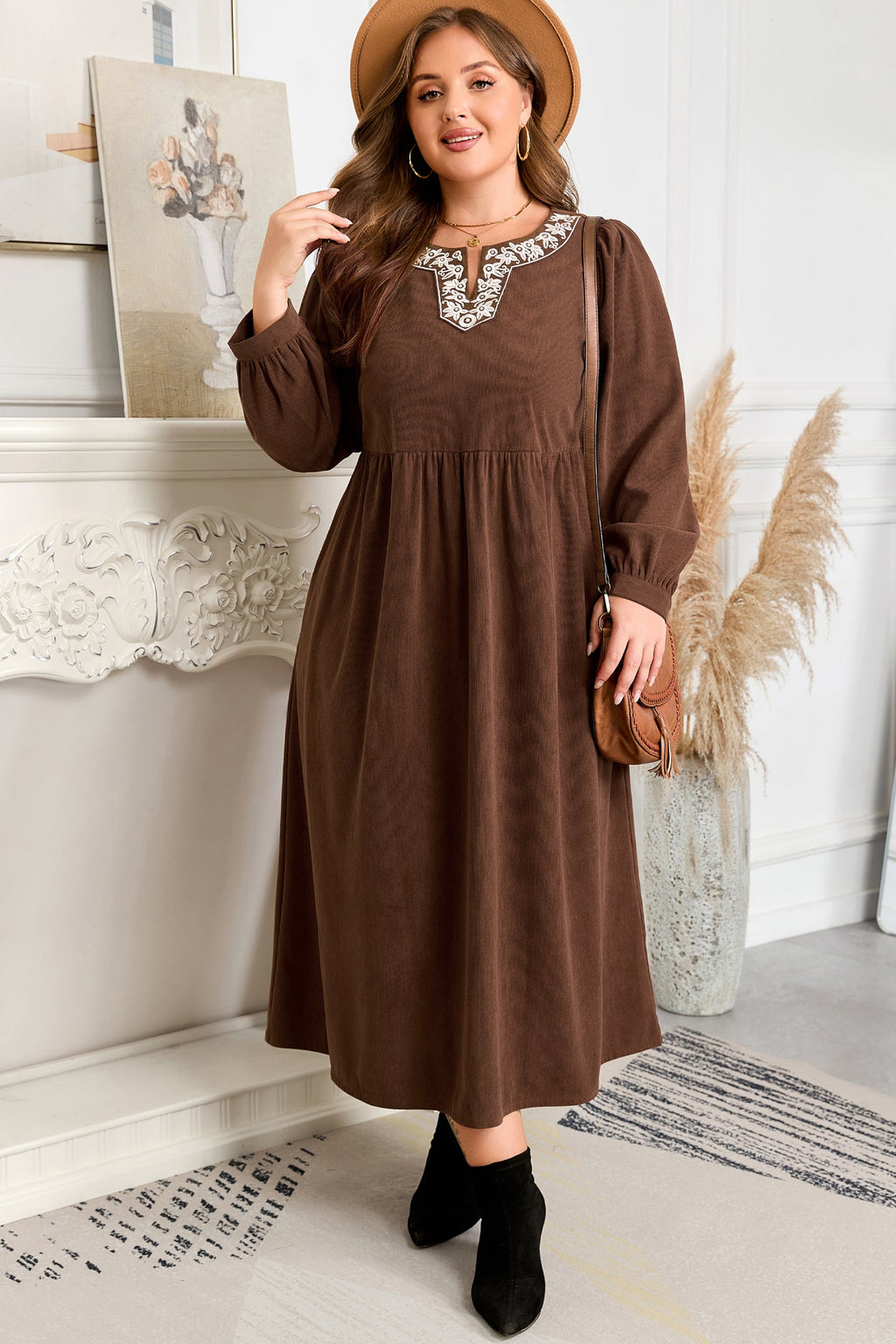 Plus Size Textured Corduroy Embroidered Neckline Midi Dress
