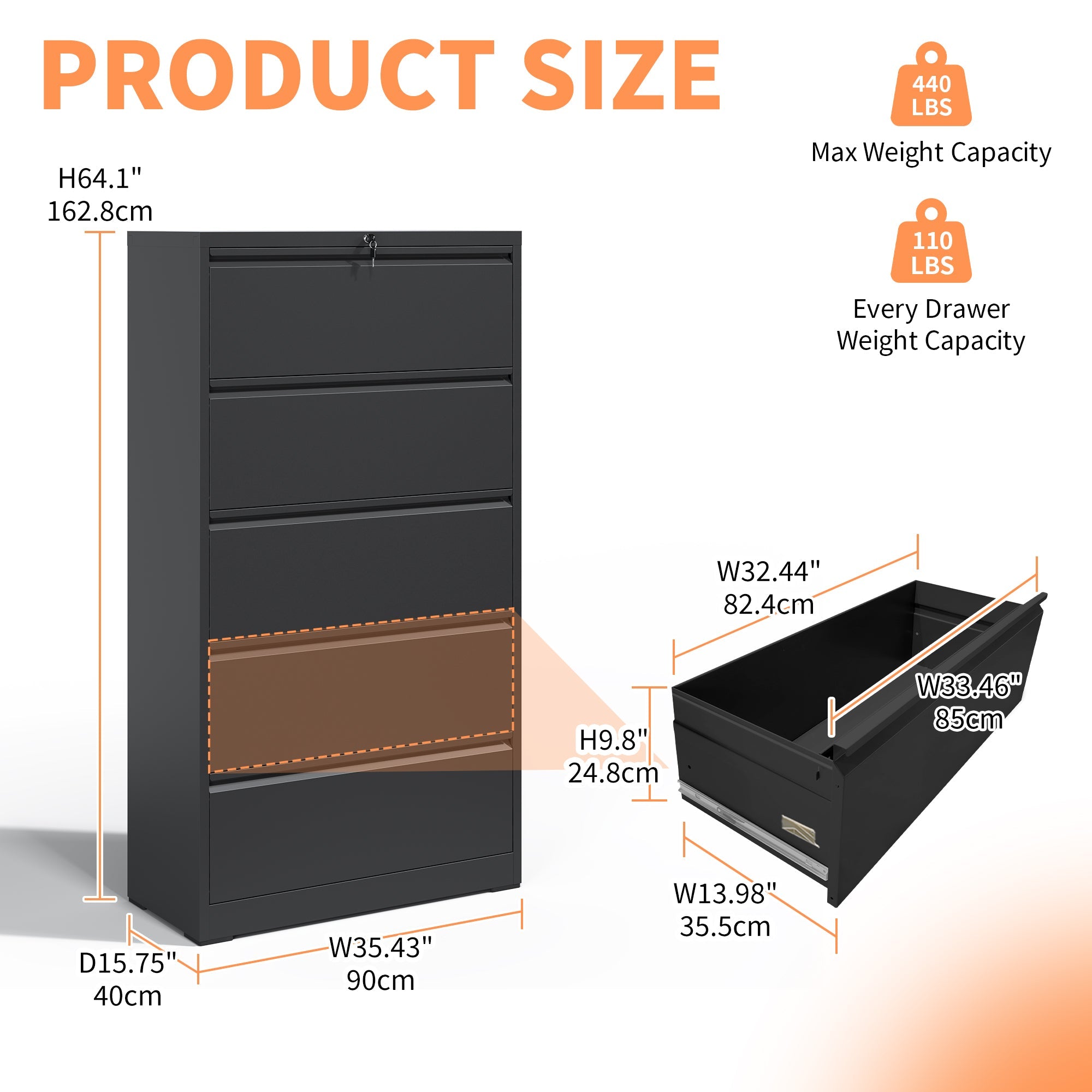 Modern Black 5-Drawer Steel Lateral File Cabinet with Lock for Legal/Letter/A4/F4 Files