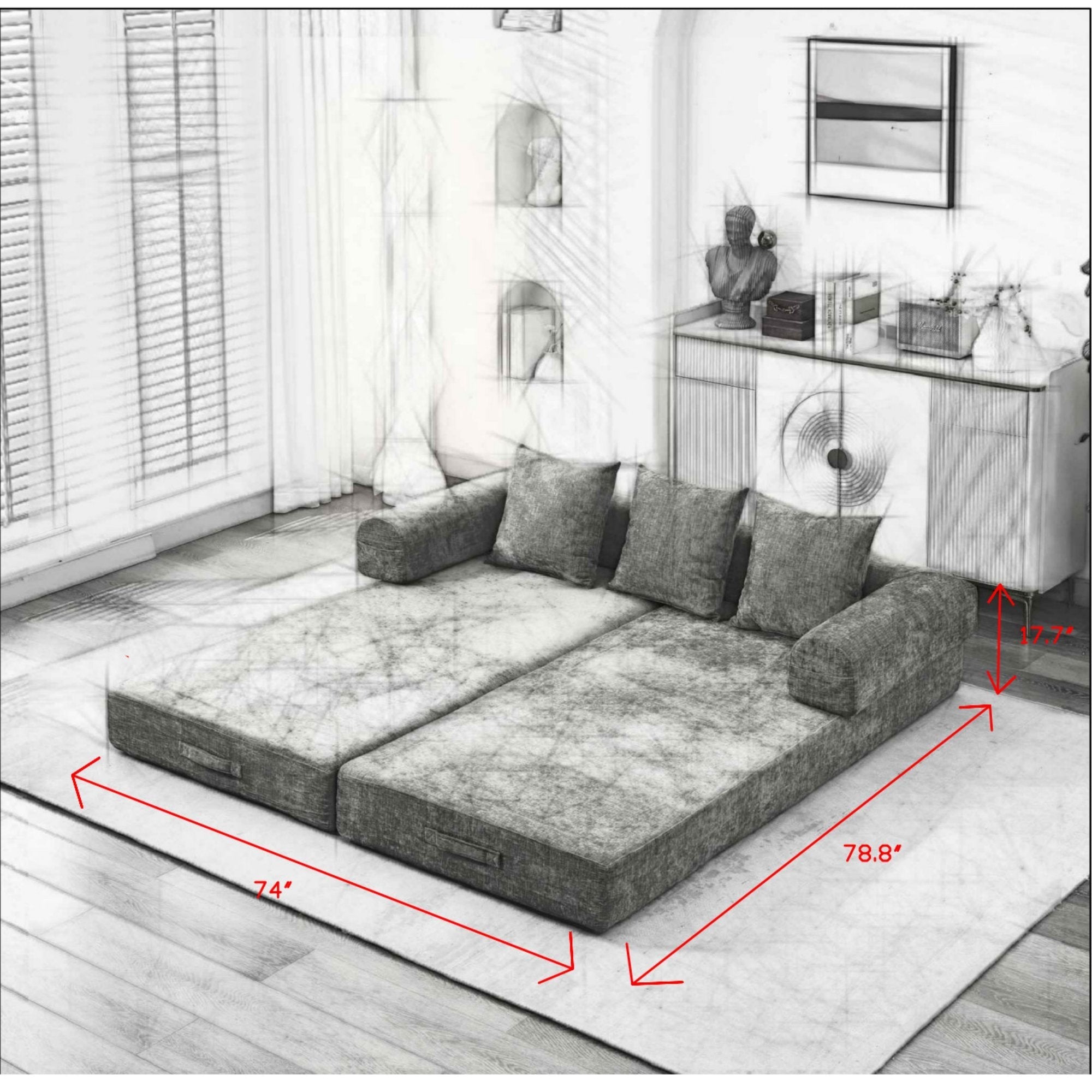Comfy Convertible Folding Mattress Couch, Floor Sofa Bed, Chenille Floor Sofa with Armrest, Floor Sofa Lounge Couch for Living Room Bedroom Lounge Studio-Black