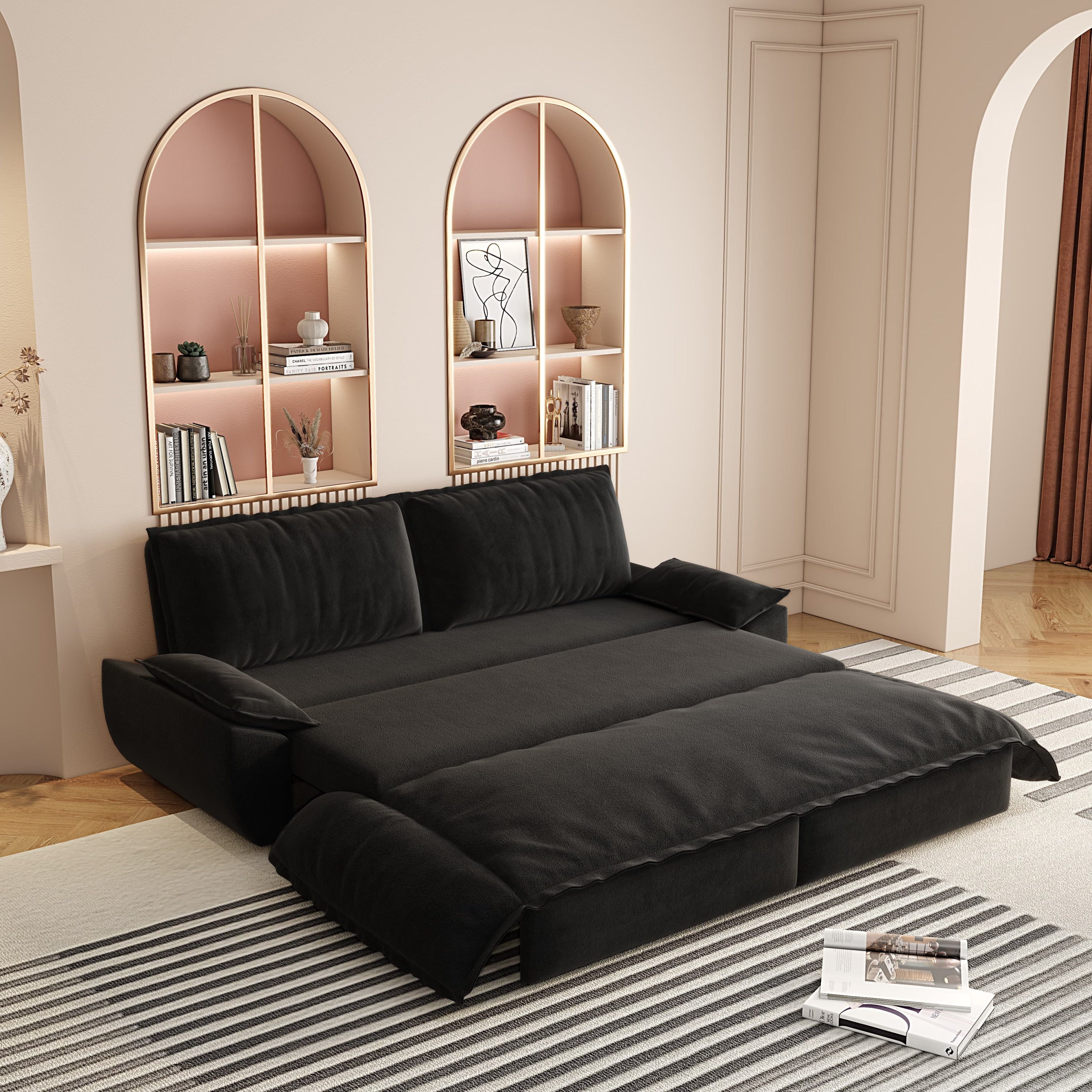 73.2' Queen Pull Out Sofa Bed,3-in-1 Convertible Sleeper Sofa,Multi-Functional Velvet Loveseat Bed,Black(Old Sku:W1885S00050)