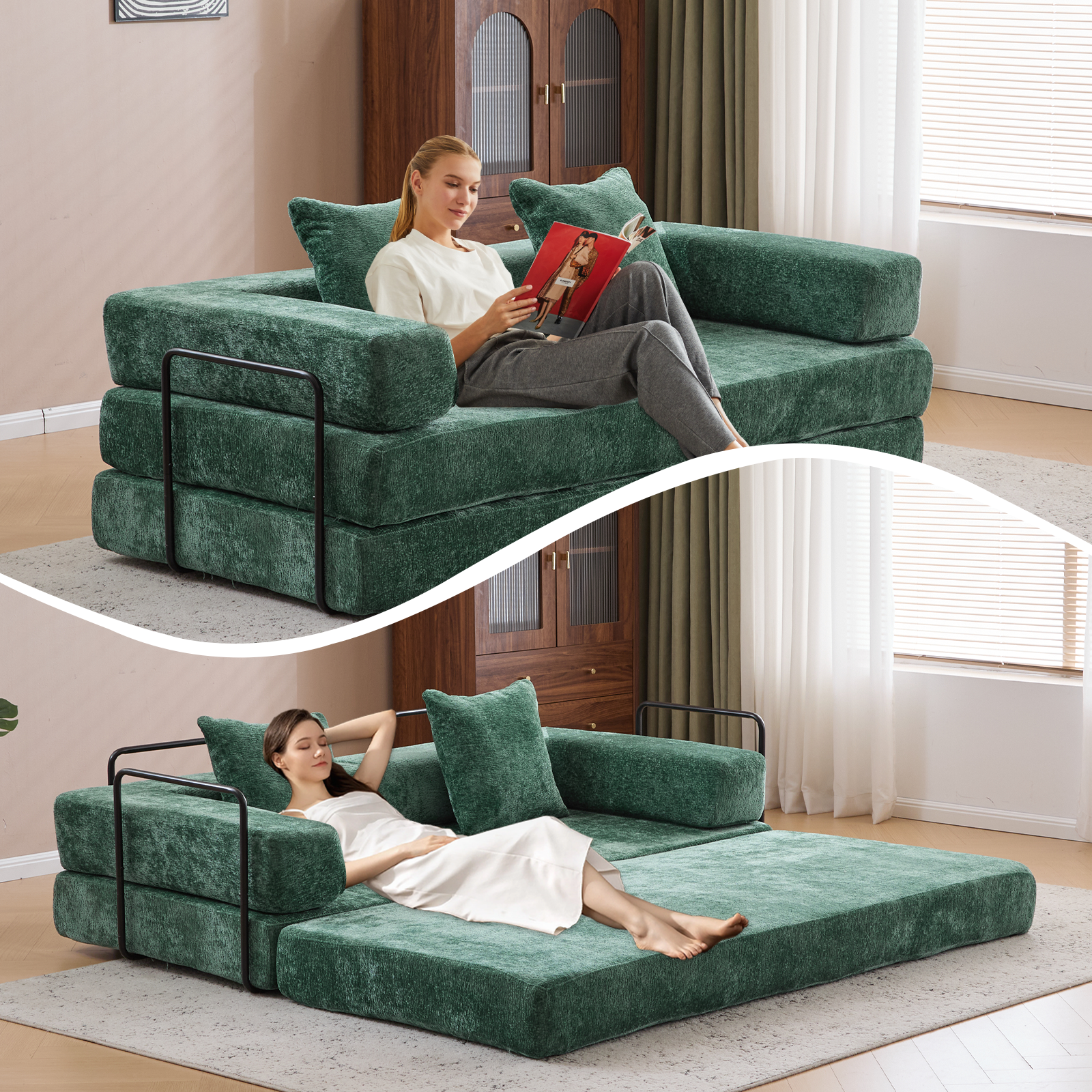 Floor Couch,Compression Sofa,Convertible Floor Sofa Bed-with Pillow Back Support Armrest,Comfy Futon Couch Lounge Sleeper Bed,Chenille fabric,for Living Room Bedroom (dark green)