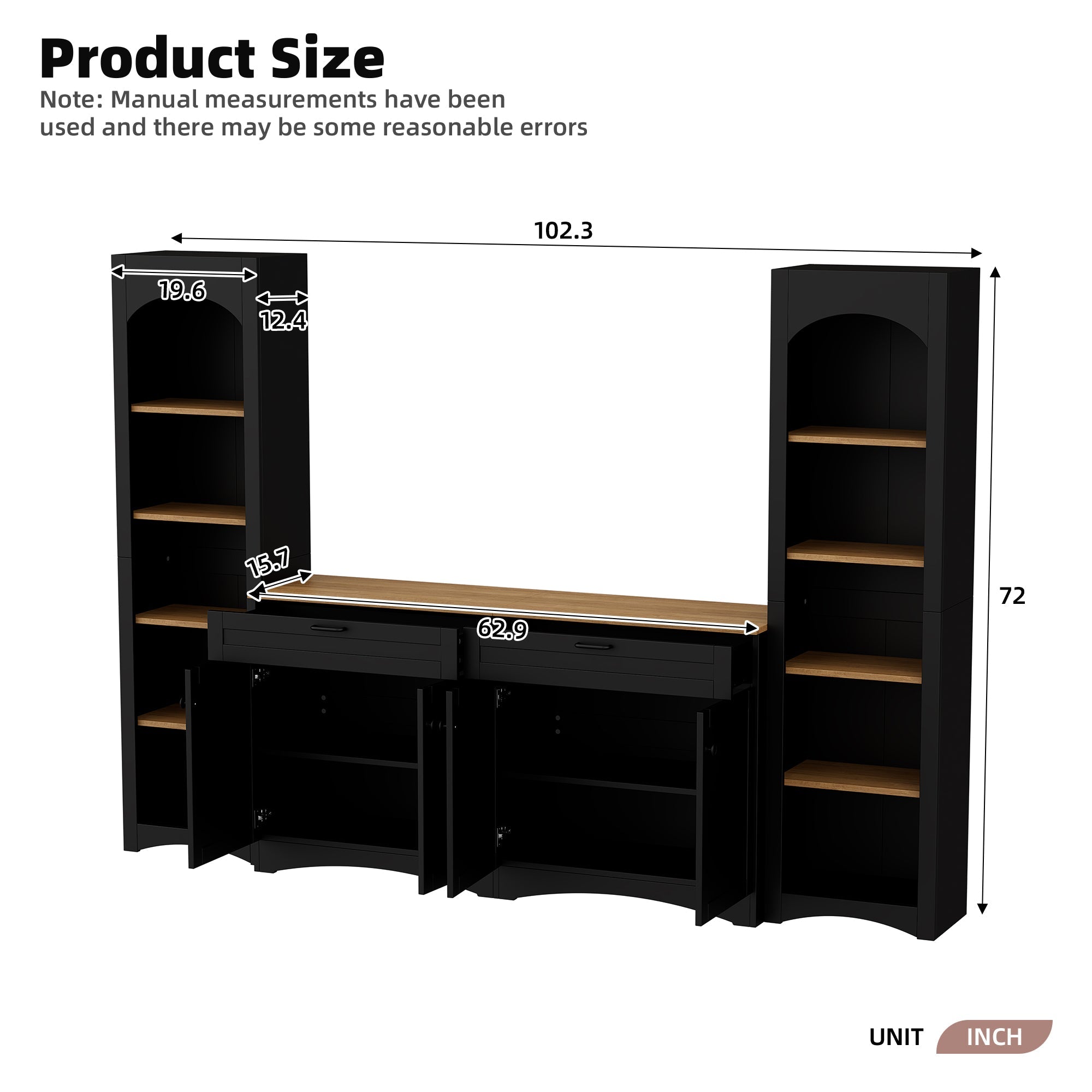 ON-TREND 3-Piece Farmhouse Entertainment Center with Storage Cabinet for TVs Up to 70', Mid-Century TV Stand with Bookshelf, Rustic Versatile Sideboard with Adjustable Shelves for Living Room, Black