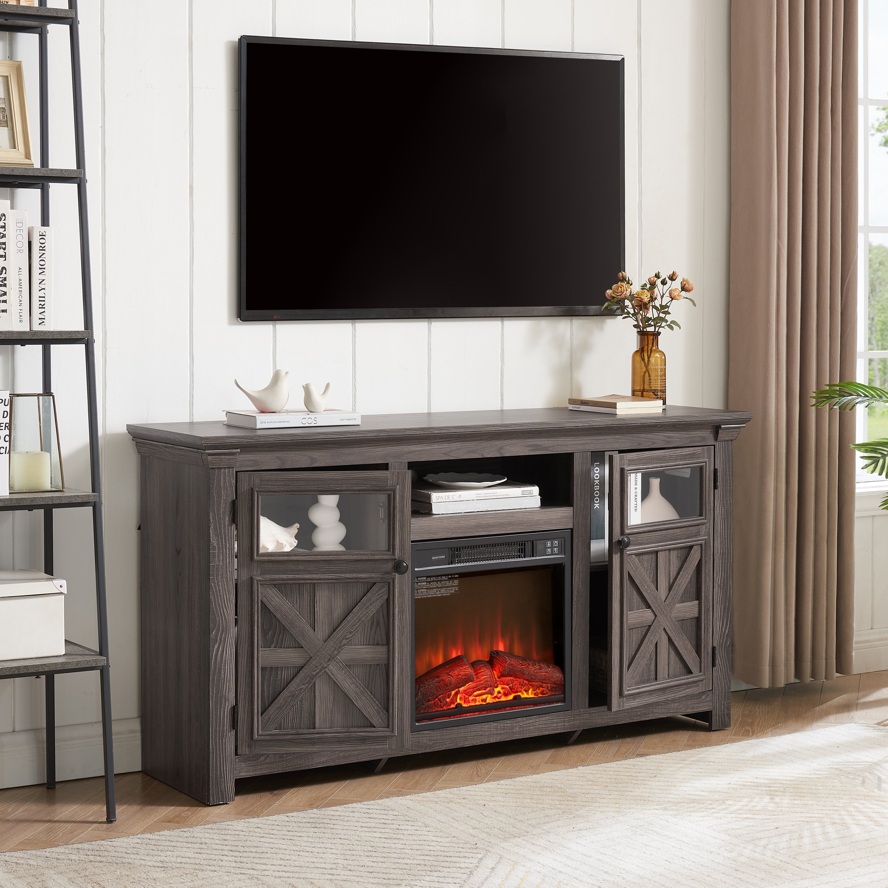 2 Doors Cabinet Farmhouse  Cabinet, Farmhouse TV Stand Barn Design,Farmhouse TV Media Stand, Large Barn Inspired Home Entertainment Console with 18' fireplace insert,GREY, 60.23'W*15.35'D*31.7'H