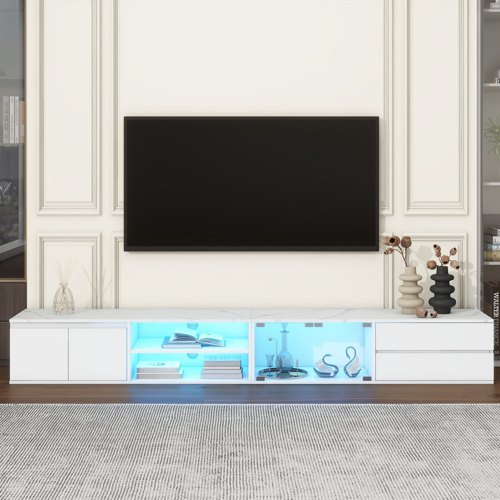 ON-TREND Modern APP Controlled LED TV Stand for TVs Up to 105'', Faux Marble Tabletop Media Console with Tempered Glass Doors, Entertainment Center with 2 Drawers & Cabinets for Living Room, White