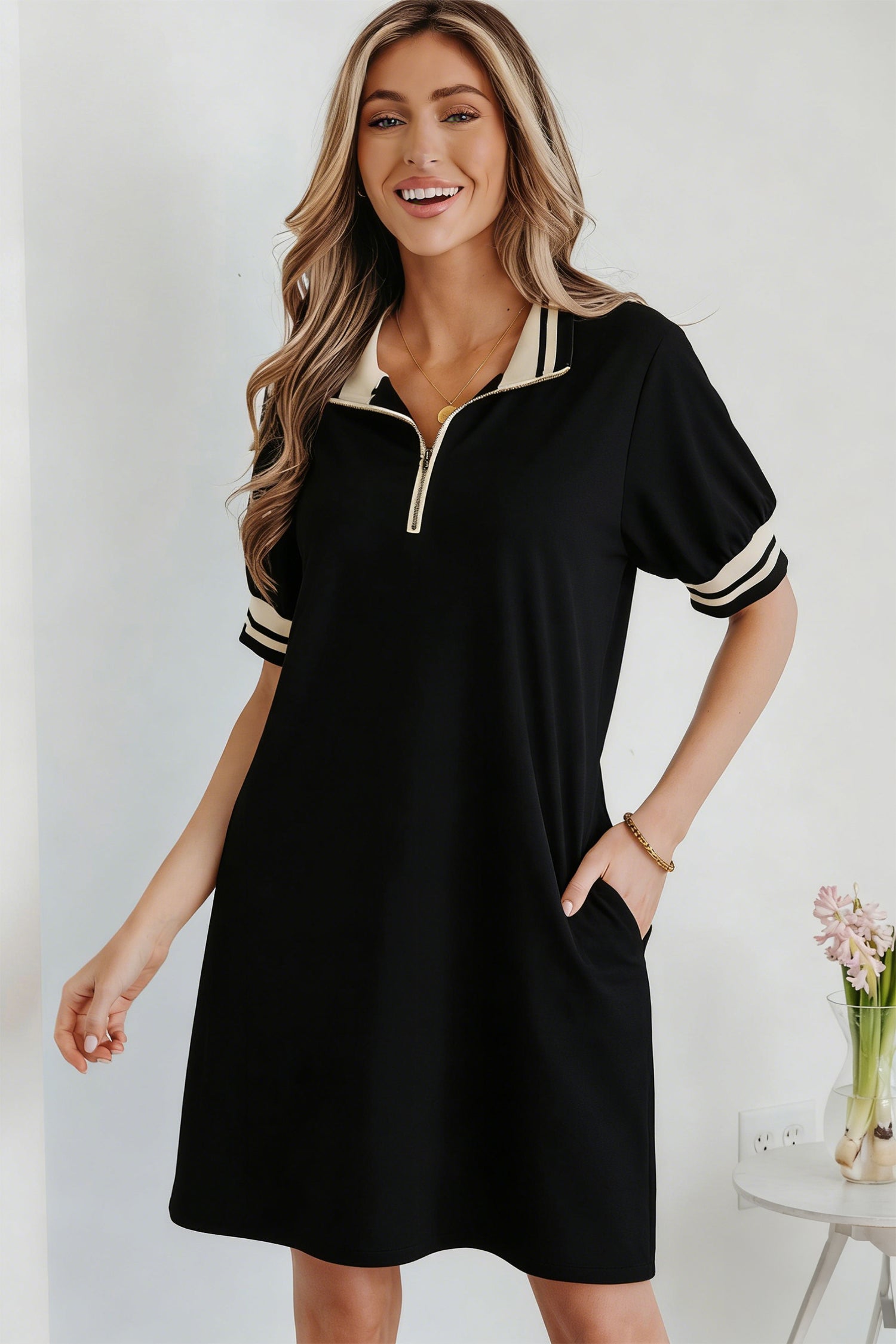 Stripe Trim Zipped Polo Collar Tee Dress