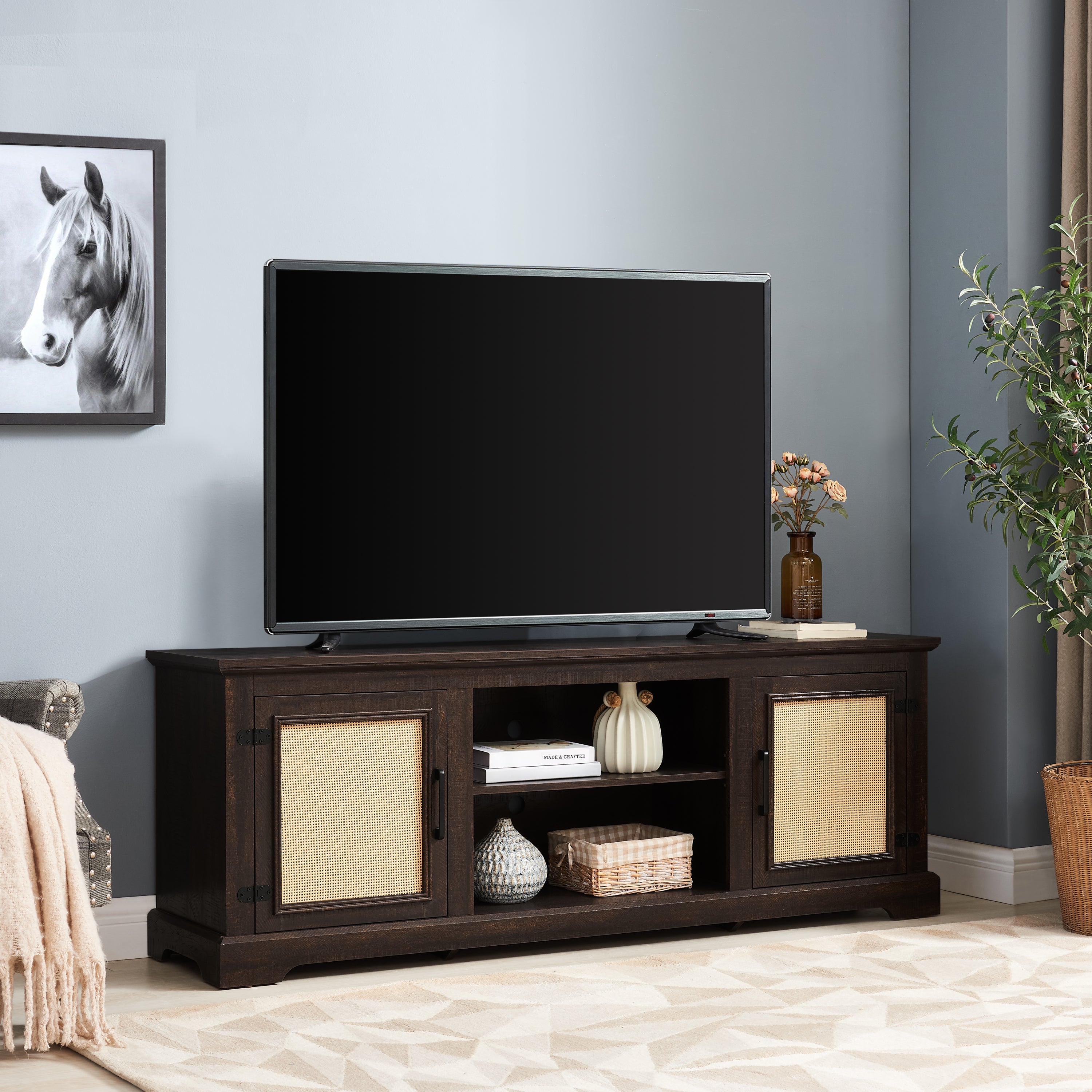 Farmhouse Rattan TV Stand Console Table for TVs up to 70 Inches, TV Console Table with 2 Storage Shelves, 2 Natural Rattan Door Cabinets, 65'W*15.55'D*23.86'H, Espresso