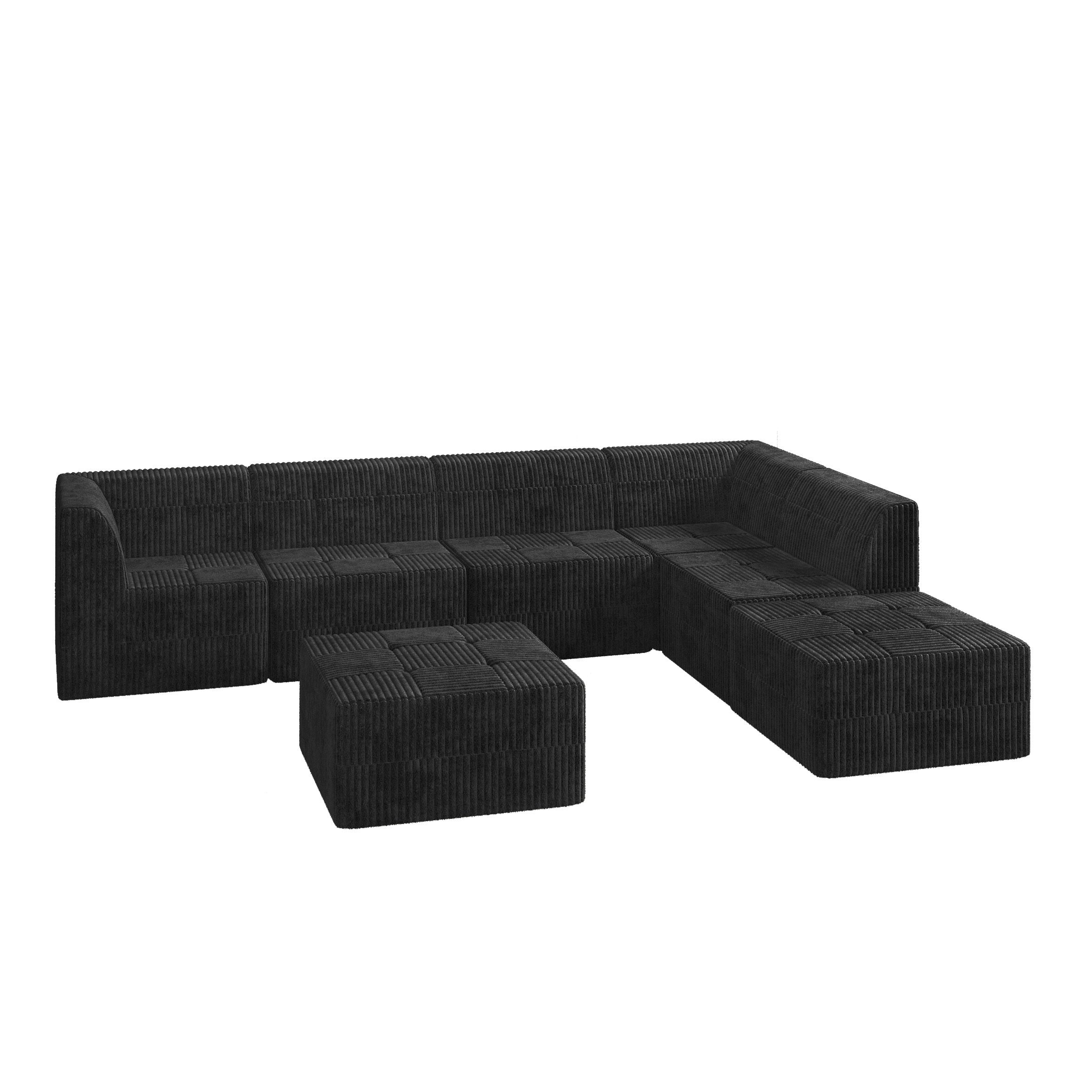 L shape Modular Sectional Sofa,DIY Compressed Sectional Sofa Modern Minimalist Style Corduroy Couch, Sleeper Sofa for Living Room, Bedroom, Comfy Compressed Sofa Couch Space-Efficient Design-black