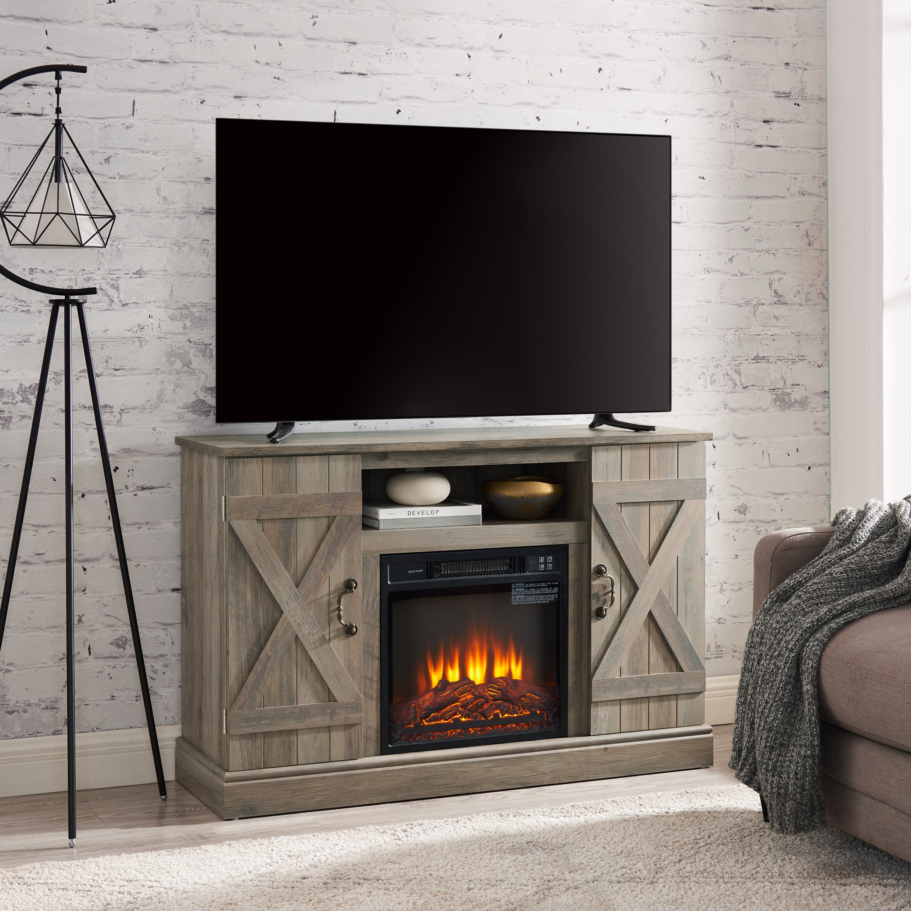 Farmhouse Classic Media TV Stand Antique Entertainment Console with 18' Electric Fireplace Insert for TV up to 50' with Open and Closed Storage Space, Gray Wash 47'W*15.5'D*30.75'H