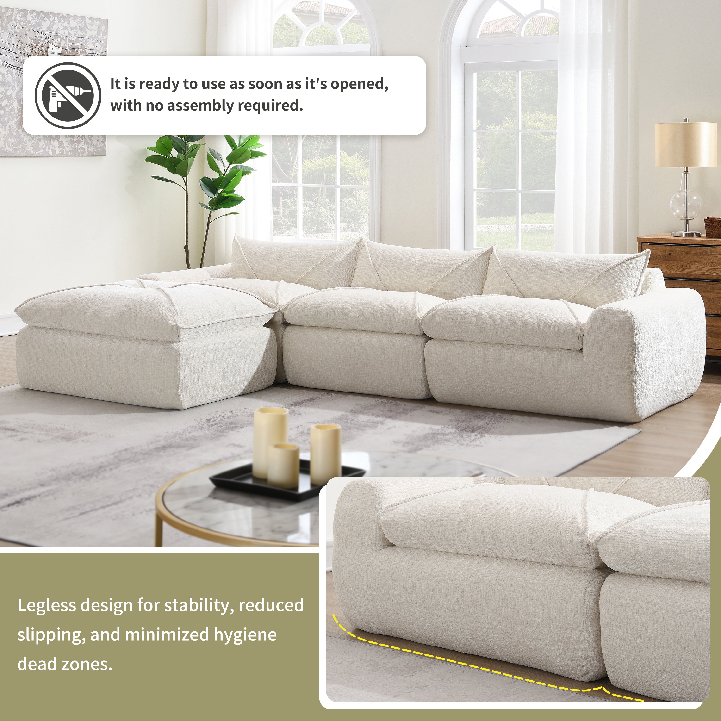 [VIDEO Provided] 116'' Fully Compressed Sofa with High Density Foam, No Assembly Required, Legless Design without Frame, Integrated Backrest and Seat Cushion, Free Combination, Particle Chenille