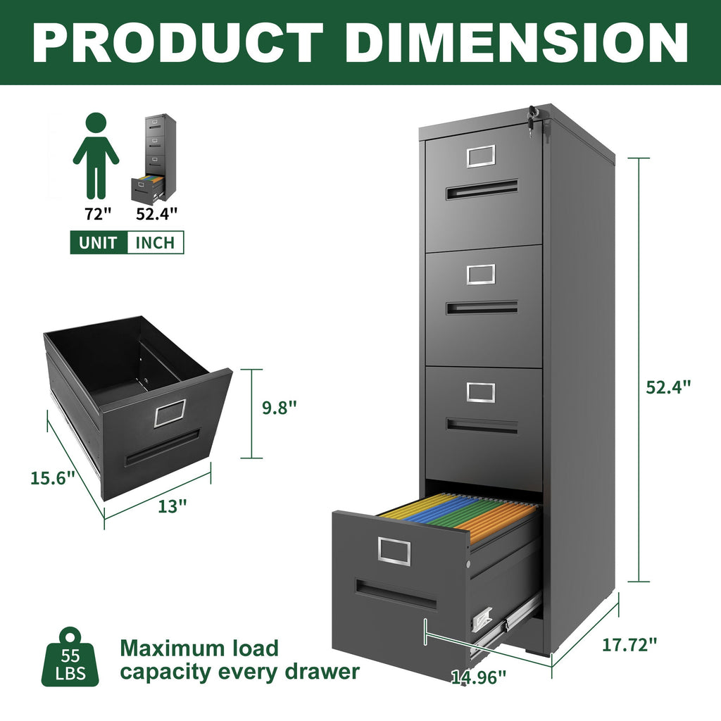 Premium 4 Drawer File Cabinet with Lock Metal Vertical File Cabinet for Office or Home in Black Steel, A4 Legal/Letter Size