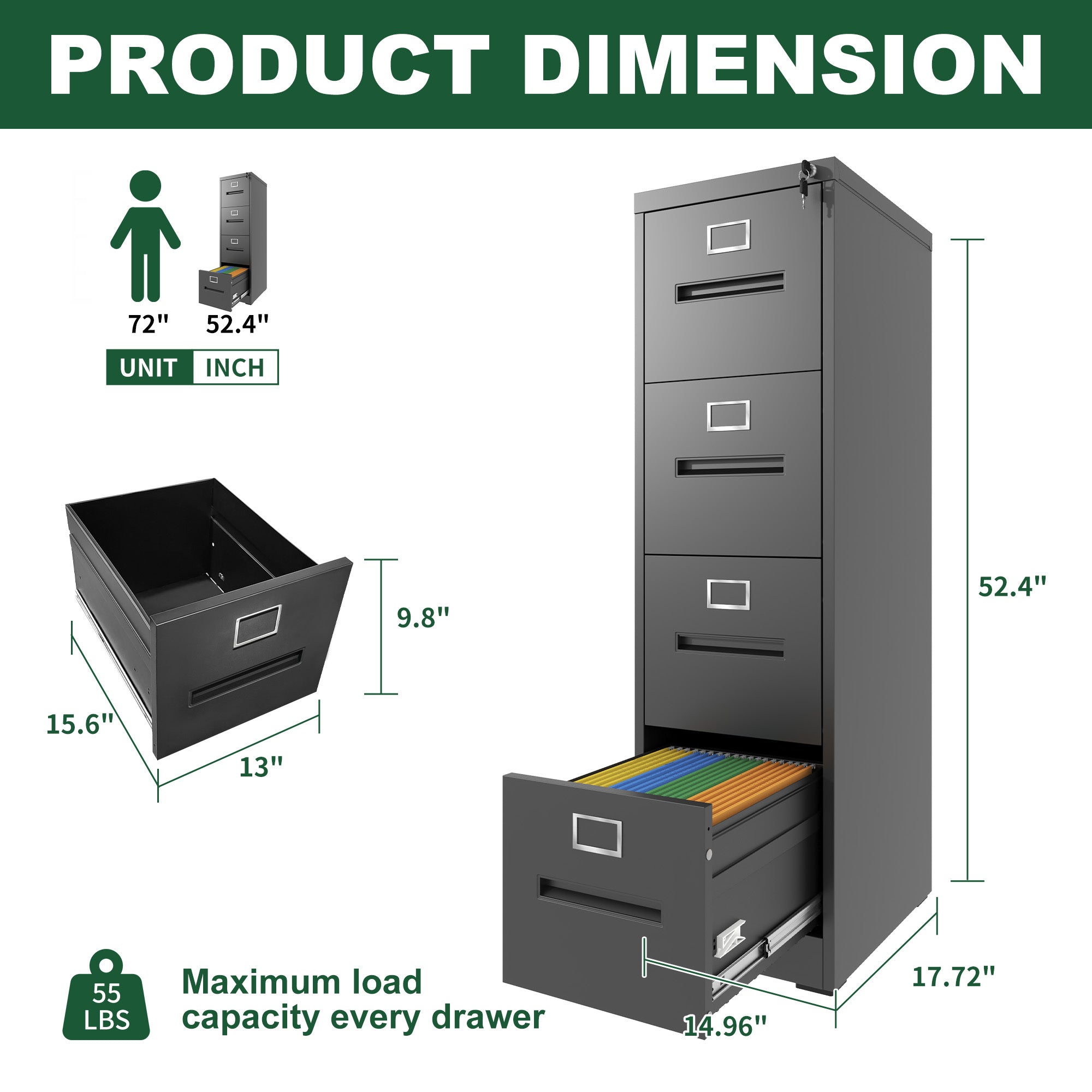 Premium 4 Drawer File Cabinet with Lock Metal Vertical File Cabinet for Office or Home in Black Steel, A4 Legal/Letter Size