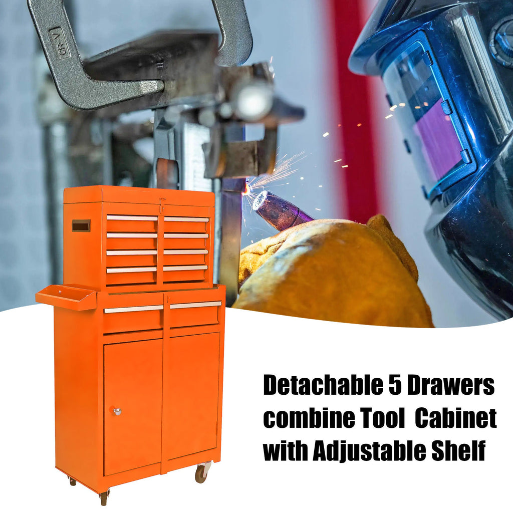 Rolling Tool Chest, 5-Drawer Tool Box Organizer w/Lockable Wheels & Sliding Drawers & Detachable Top & Adjustable Shelf, Tool Storage Cabinet for Garage Workshop(Orange)