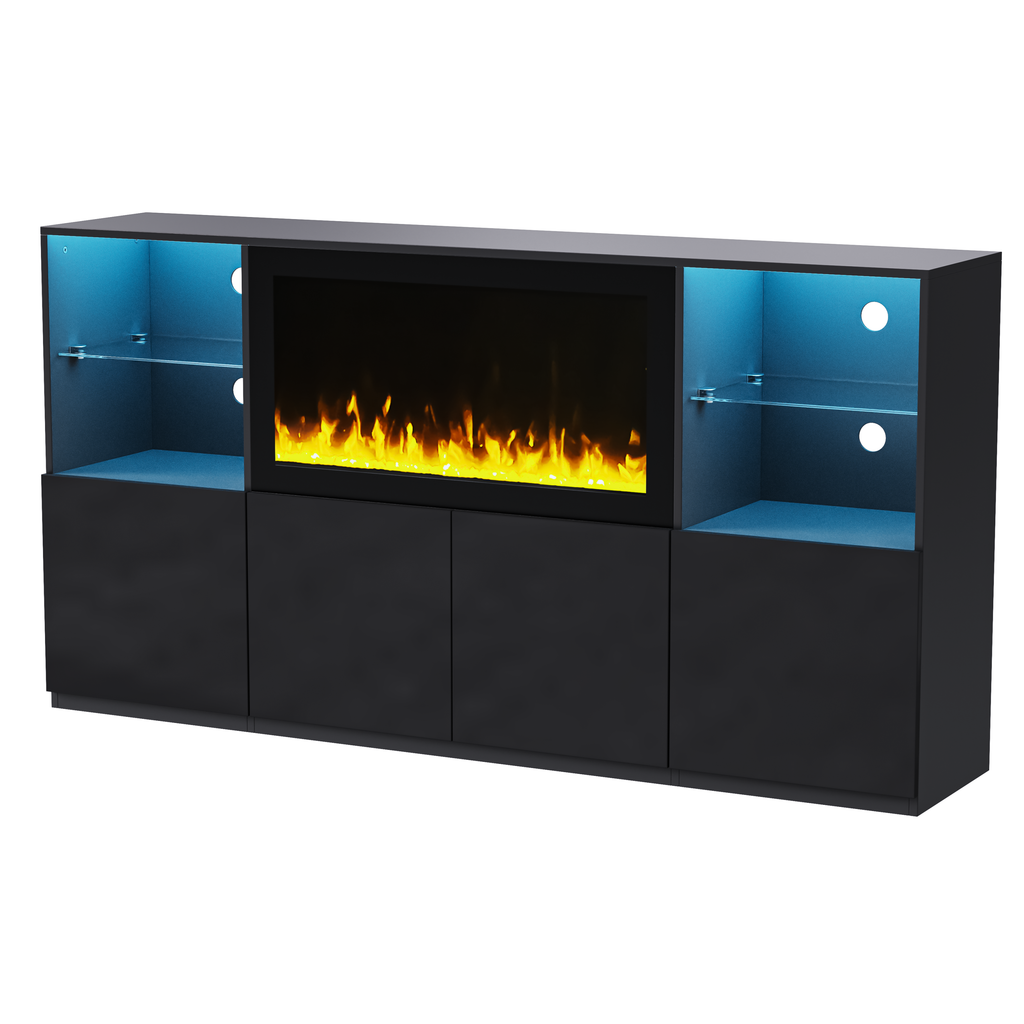 ON-TREND High Gloss TV Stand with 34.2' Non-heating Electric Fireplace, Modern Entertainment Center with LED Light, Media Console with Tempered Glass Shelves for TVs up to 75', Living Room, Black