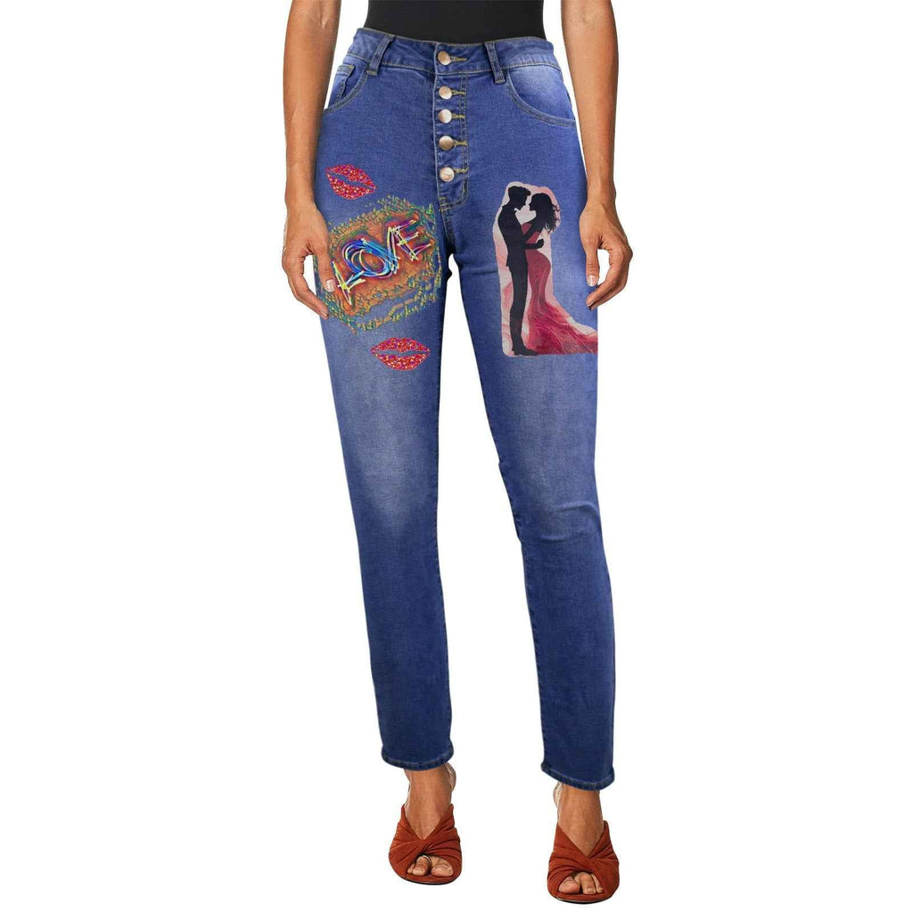 Women's Couple in Love Decorated Jeans with Front Printing