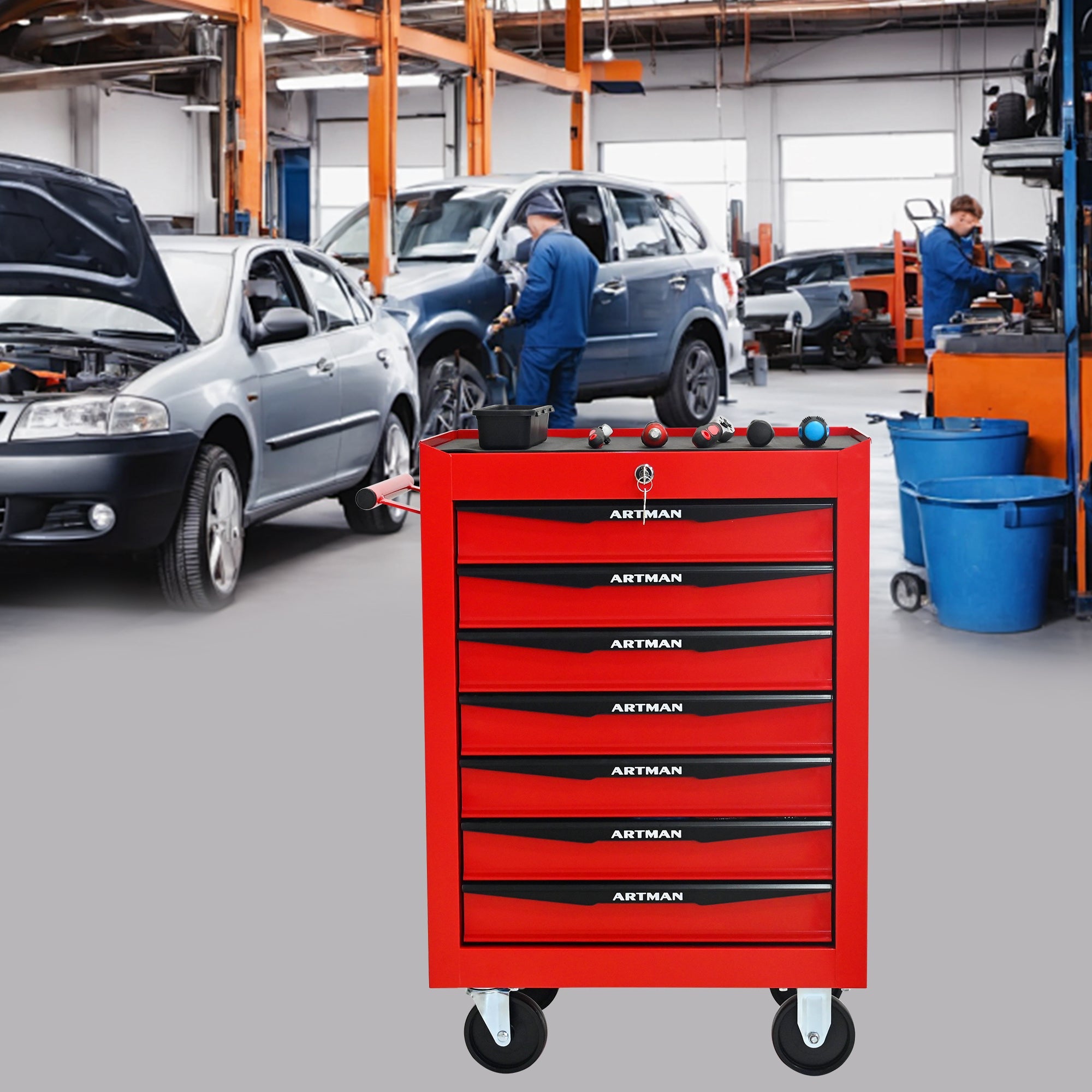Rolling Metal Tool Chest with 7 Drawers, 20' Steel Storage Cabinet with Ball Bearing Slides, Red and Black Finish