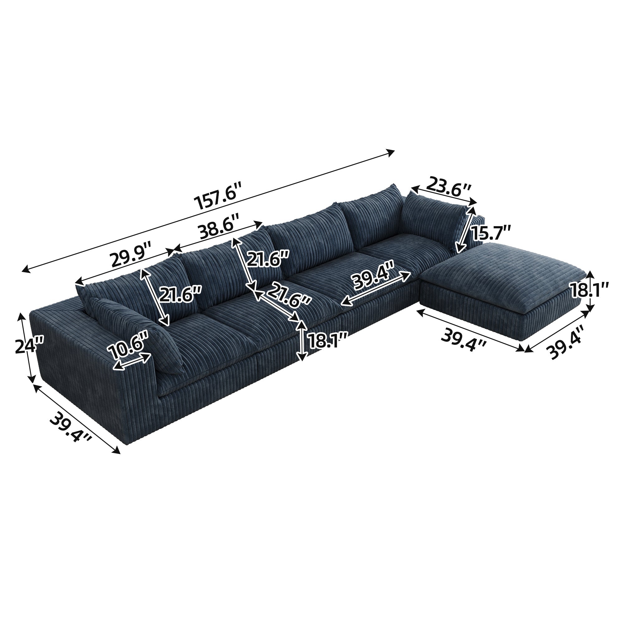 157.6'Cloud Sofa,Corduroy Fabric,Deep Seat Couches,Double-layer design,Removable  Cushion,No Assembly,DIY Combination for Living room, Bedroom,Conference room ,Apartment,Blue
