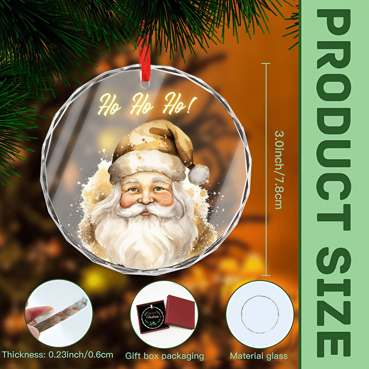 Ho Ho Ho! Golden Santa Claus Round Glass Christmas Ornament (Made in USA)