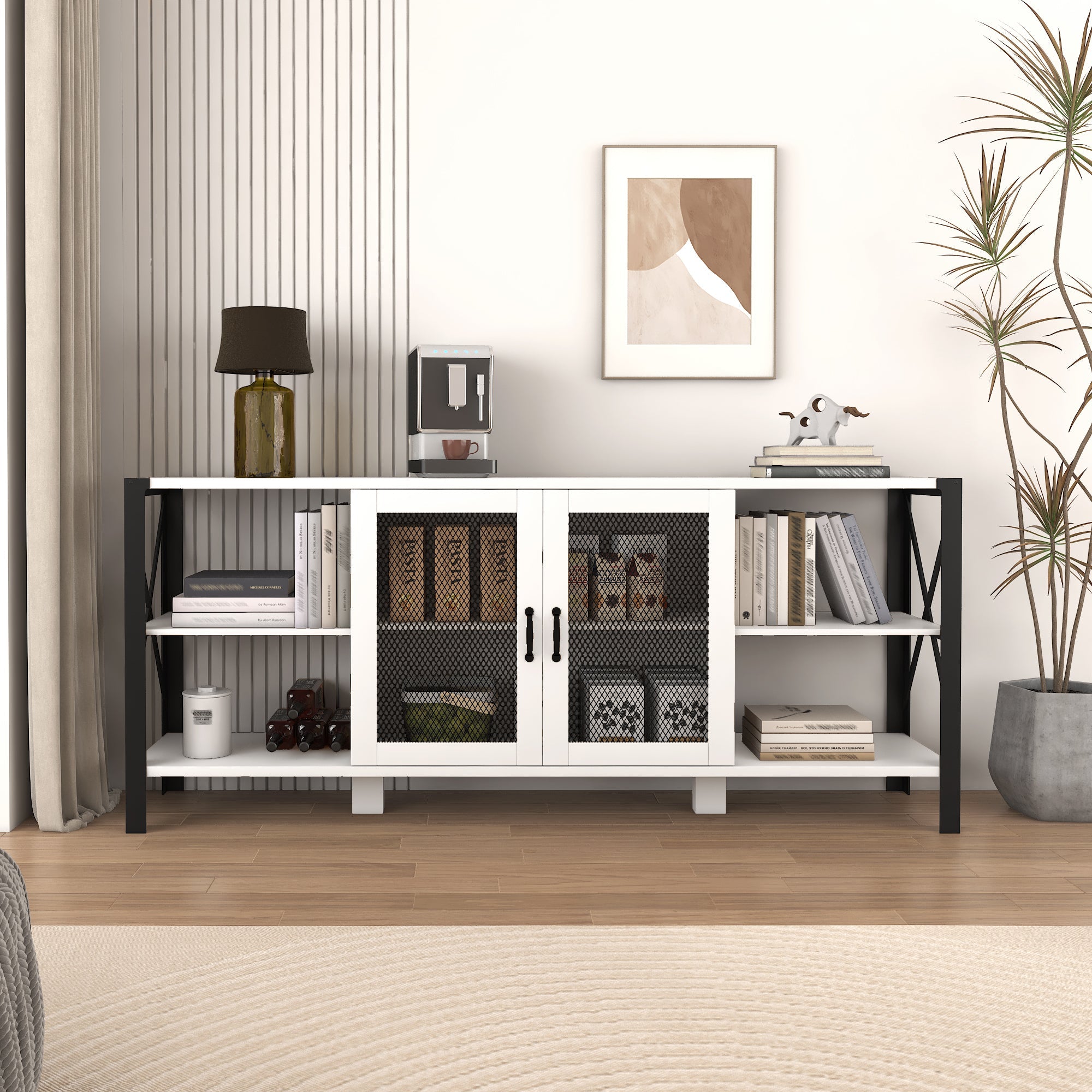 TV Stands for Living Room, Industrial TV Stand for Bedroom Furniture, Farmhouse TV Stand 80 Inch Television Stand , Modern Horizontal Wood and Metal Open Bookshelf
