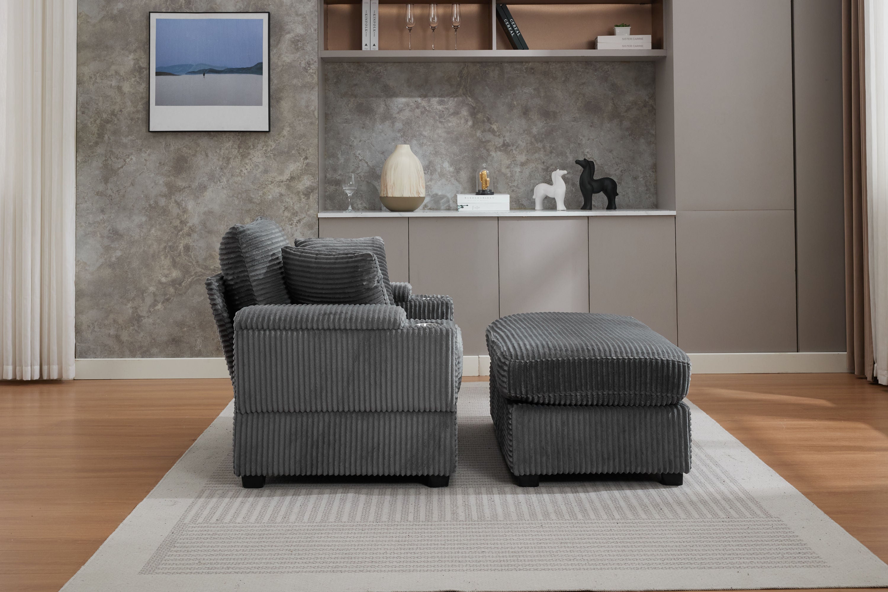 [VIDEO/New]Corduroy Upholstered Chaise Lounge Sofa with Handrail storage ,Movable ottoman,Cupholders,Detachable Cushions Deep Seat for Living Room Office,3 colour