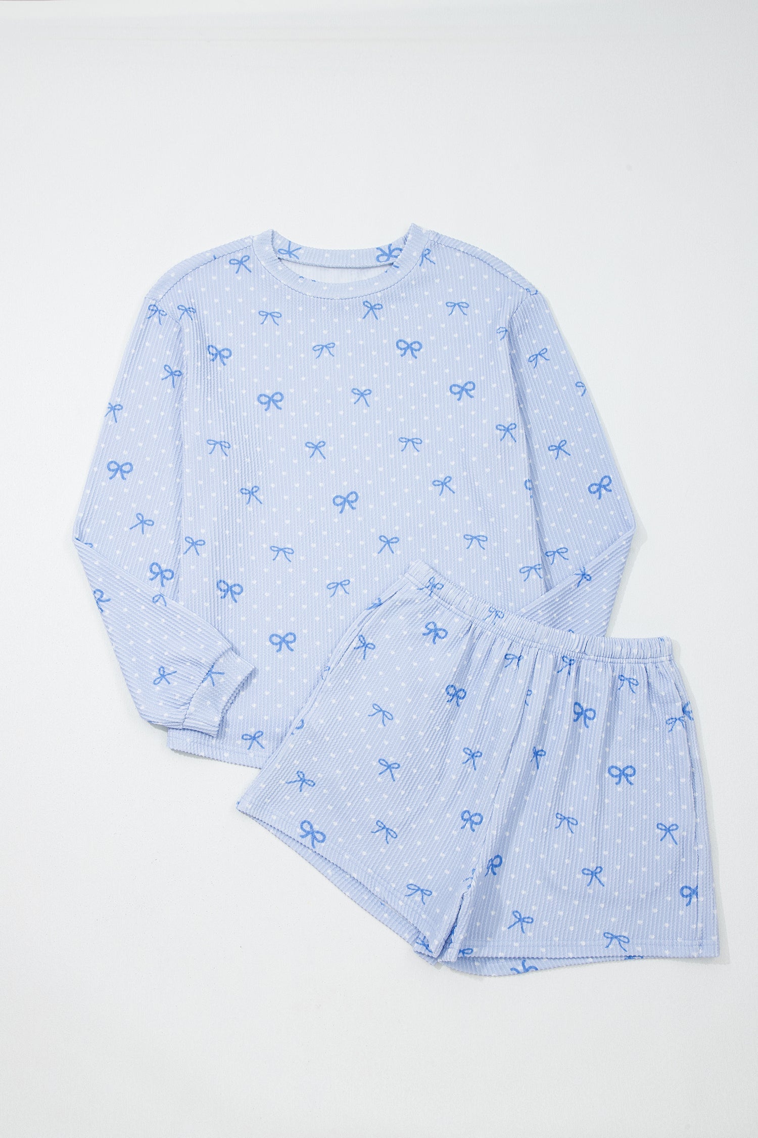 Polka Dot Bow Corded Knit Top and Shorts Set