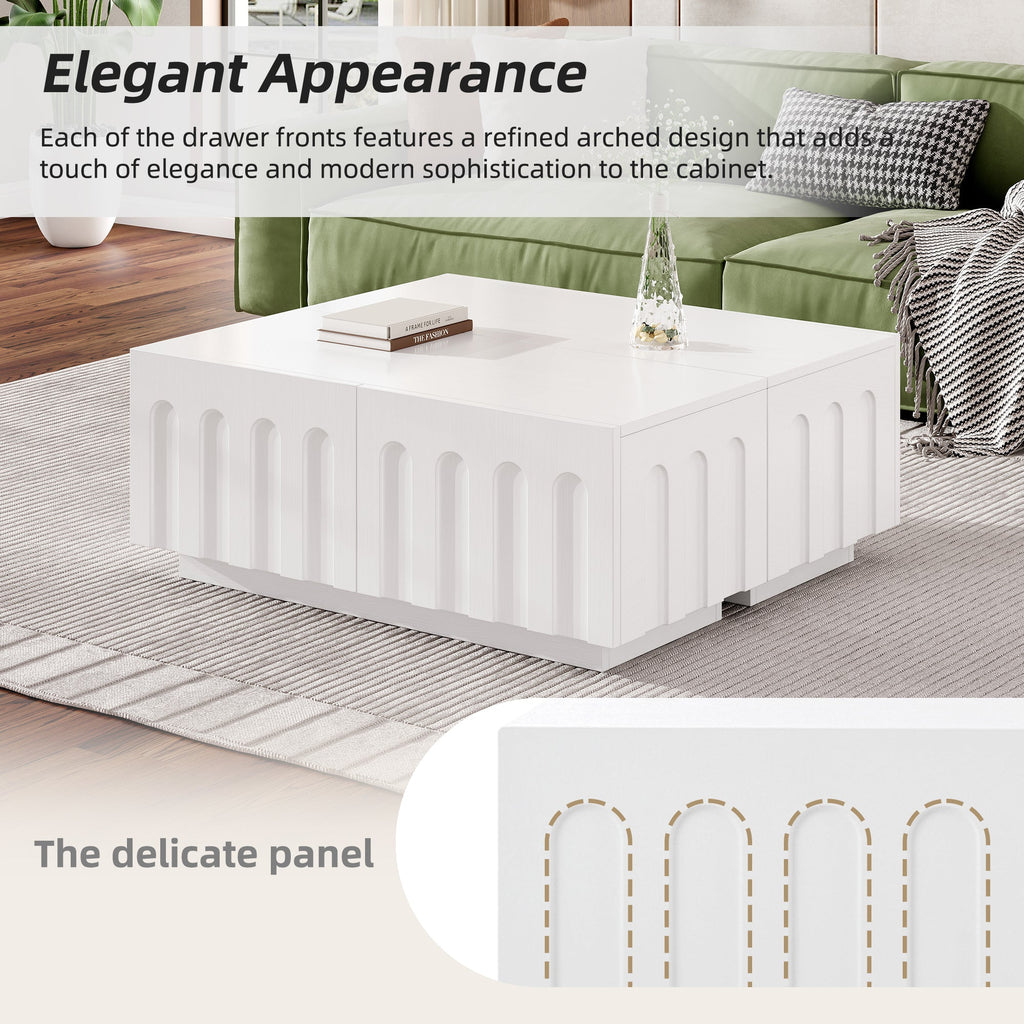 ON-TREND Elegant TV Stand with Arched Design for TVs Up to 80', Modern Dual Purpose Coffee Table with 4 Drawers, Multi-Functional Organizer Cabinet with Storage for Living Room, Bedroom, White
