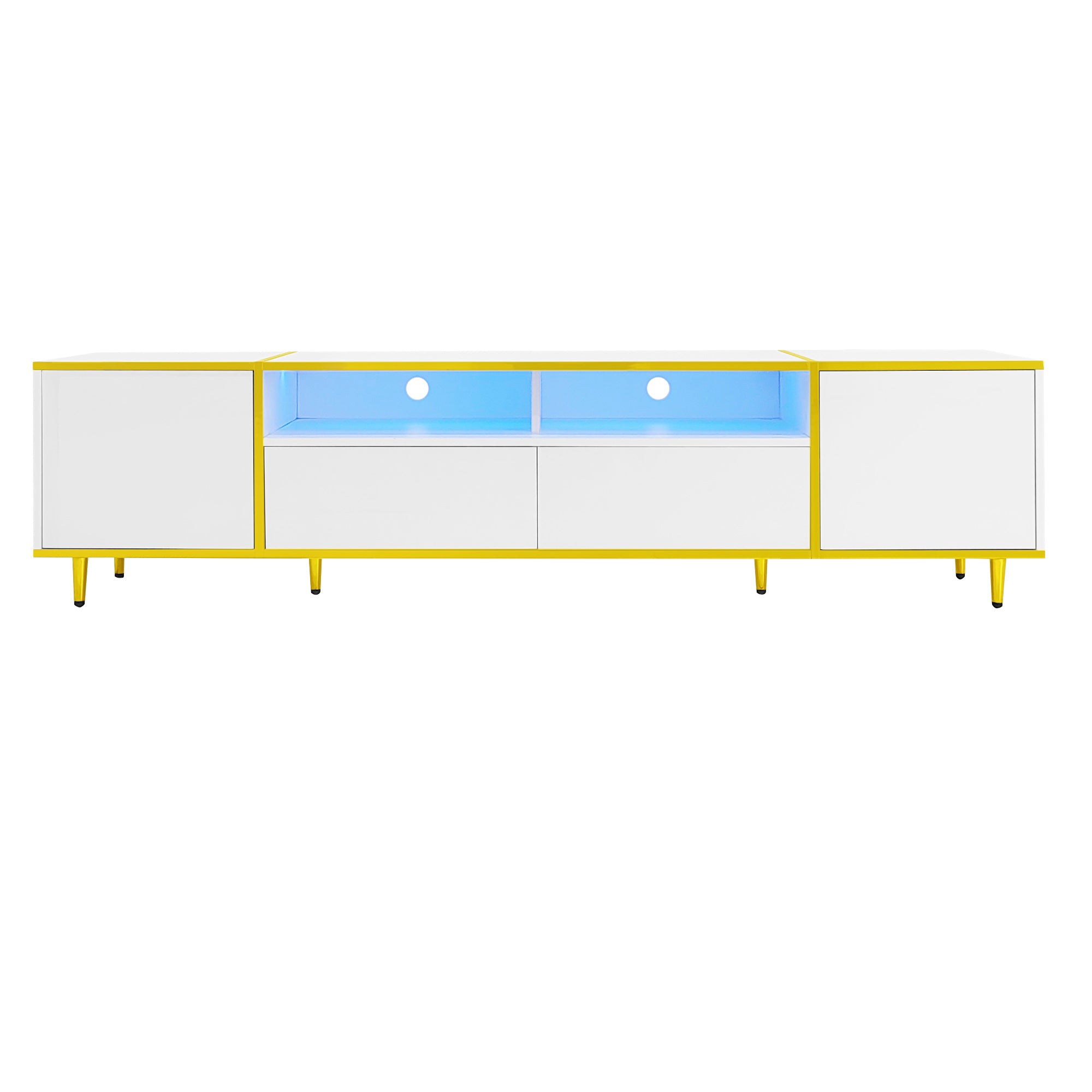 U-Can 70.9'' Modern TV Stand for TVs up to 80 Inches, Entertainment Center with 2 Shelves and LED Lights, TV Storage Cabinet with 2 Drawers, 2 Cabinets and Metal Legs for Living room