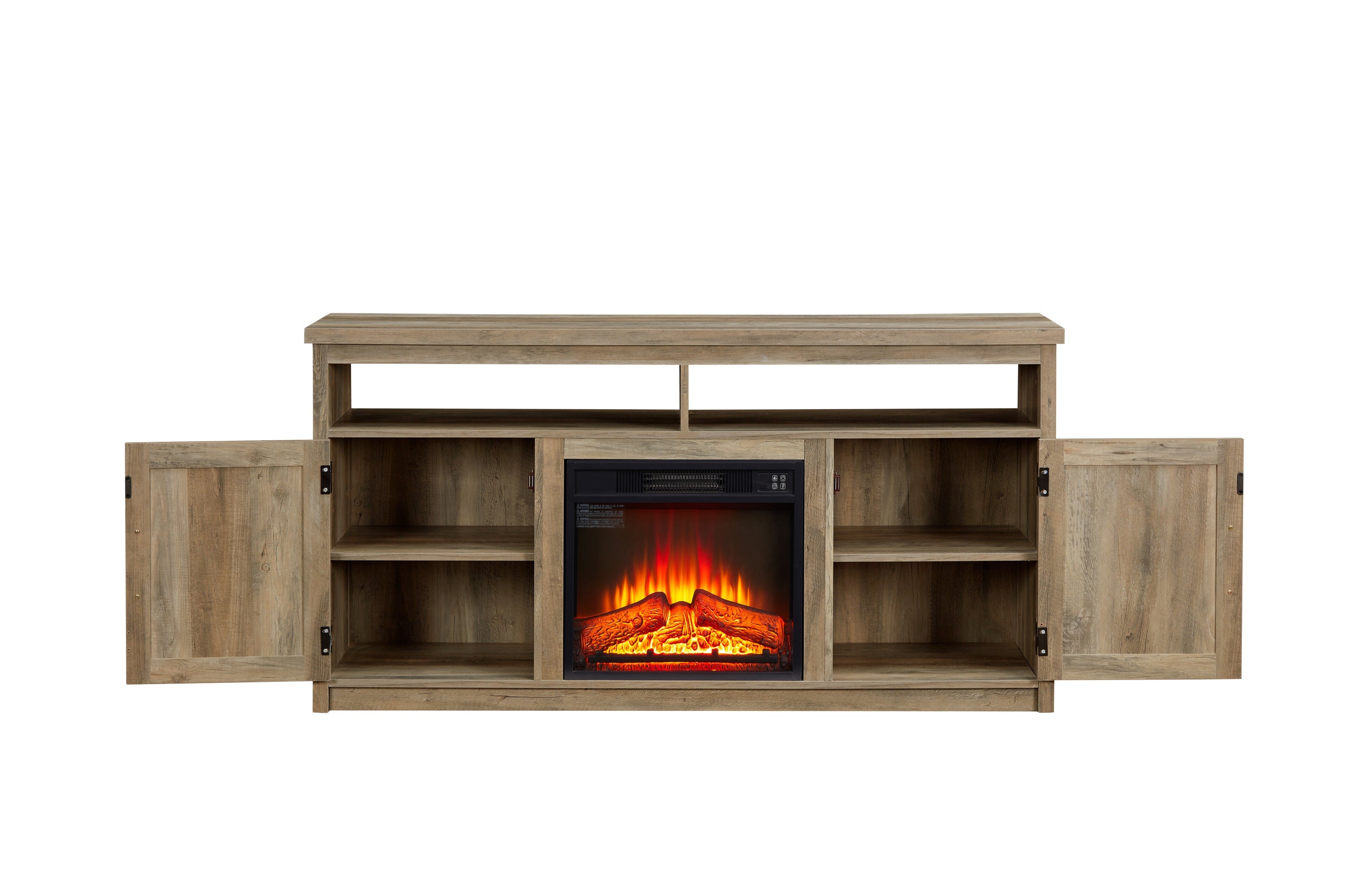 Farmhouse TV Media Stand, Large Barn Inspired Home Entertainment Console, with 18' Fireplace Insert, for TV Up to 65'', with Open Shelves and Closed Cabinets, Gray Wash 57.87*15.75*30.31