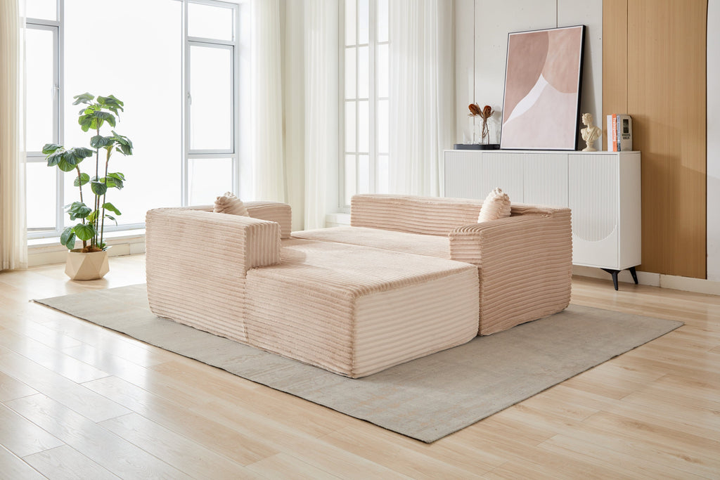 Compression Sectional Couch with Comfy Chaise, Boneless L Shape Sofa with Deep Seat, Minimalist Modular Couches Sleeper for Living Room Bedroom Apartment Lounge,corduroy,Beige