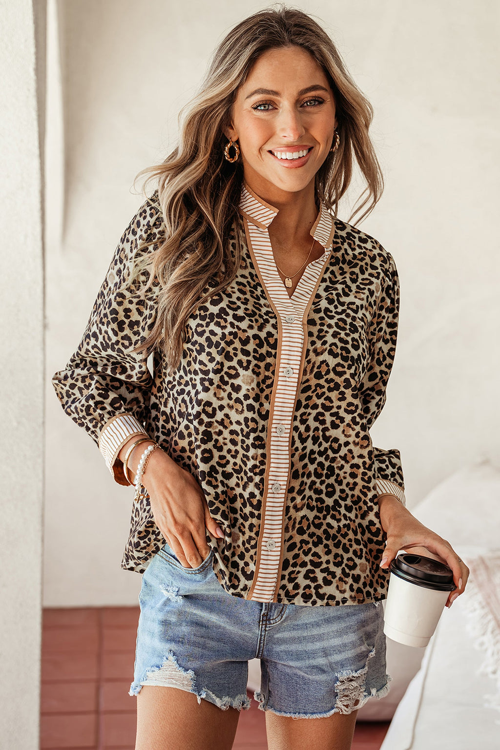 Leopard Contrast Stripe Buttoned V-Neck Shirt
