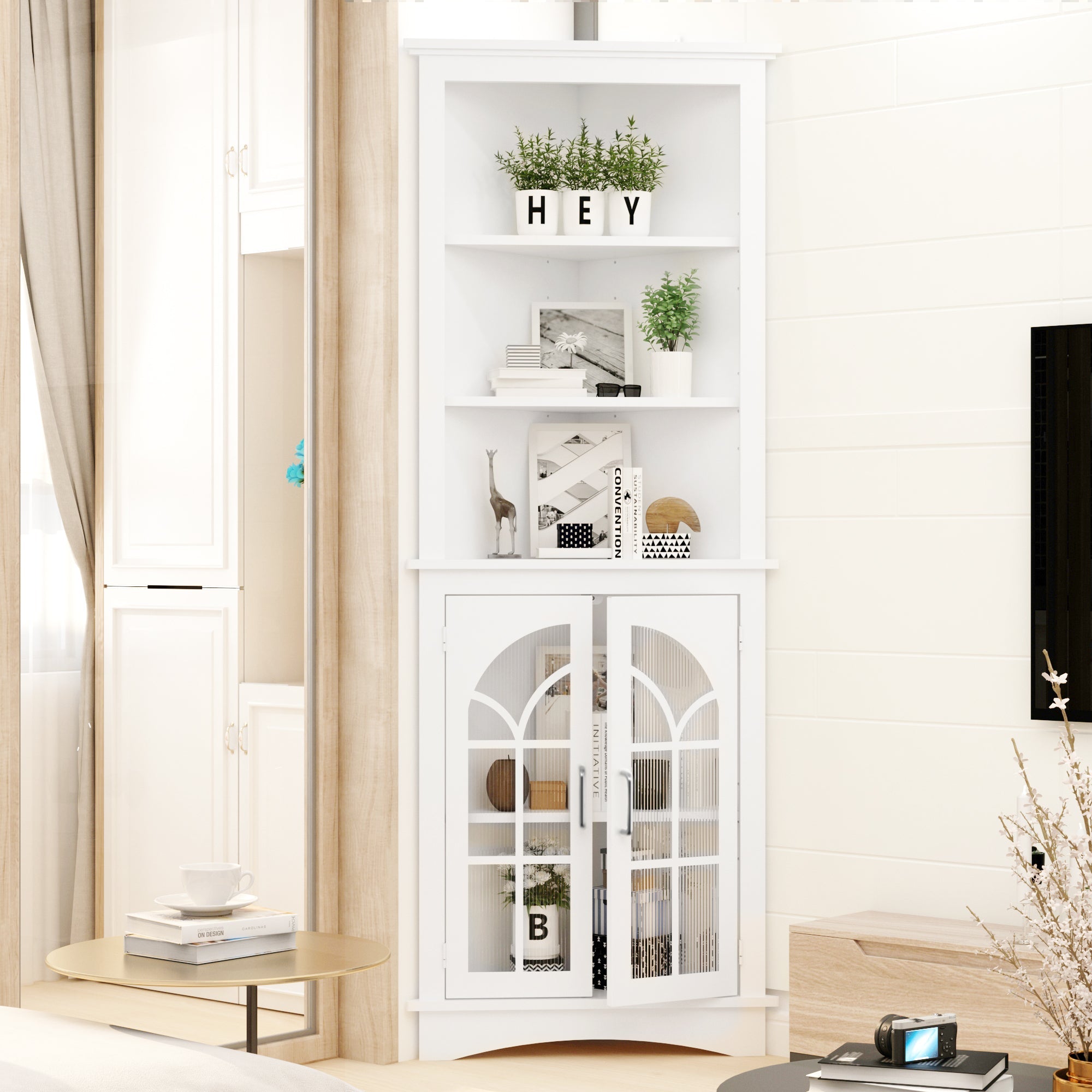 Corner Storage Cabinet, 63.3' Tall Freestanding Bookcase with  Doors & Adjustable Shelves, 5-Tier Corner Display Cabinet for Living Room, Office, Dining Room, White