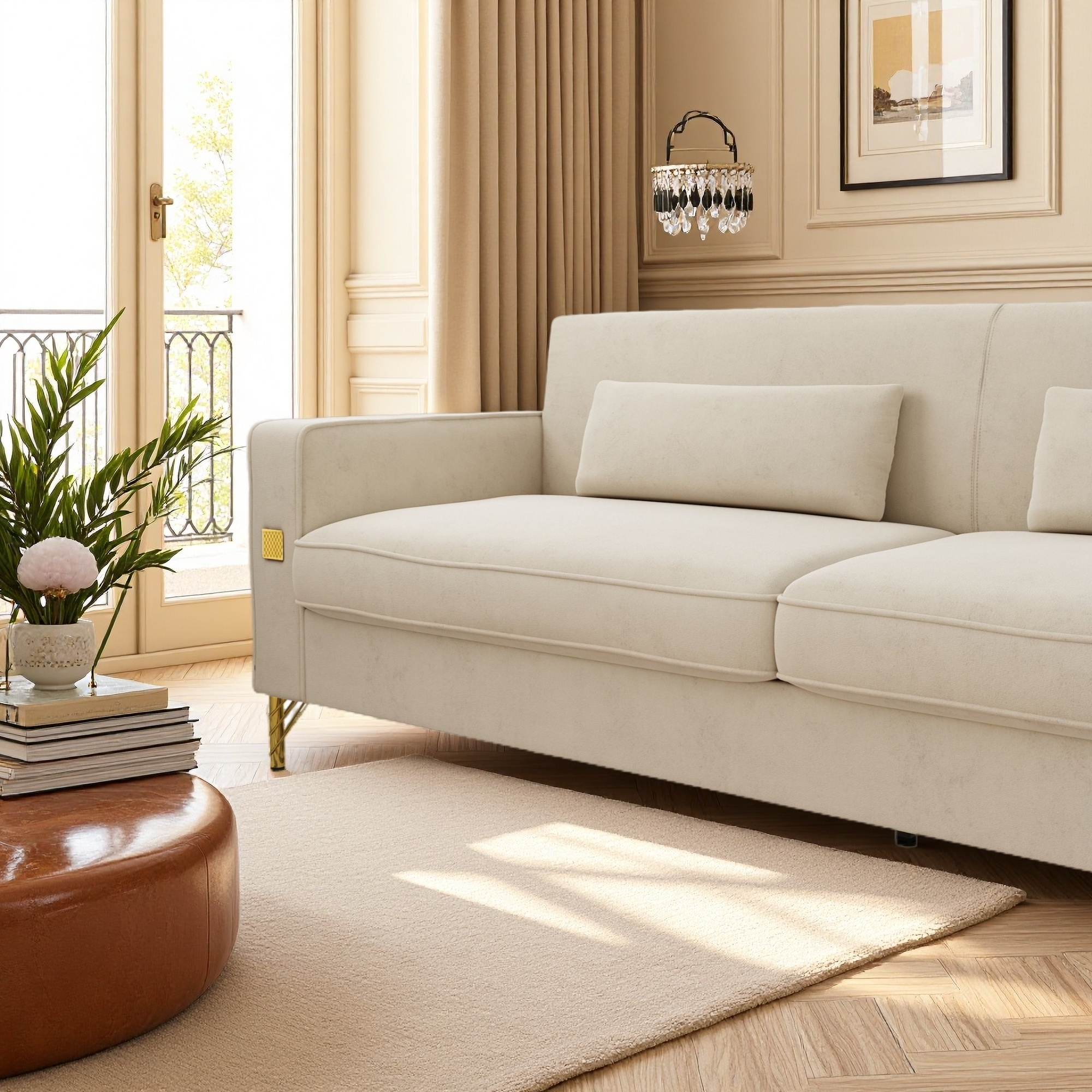FX-P18-BE(SOFA)Modern Beige Sofa Couch for Living Room, 85.83' Upholstered 3-Seater Sofa with Metal Legs & Pillows, Minimalist Style