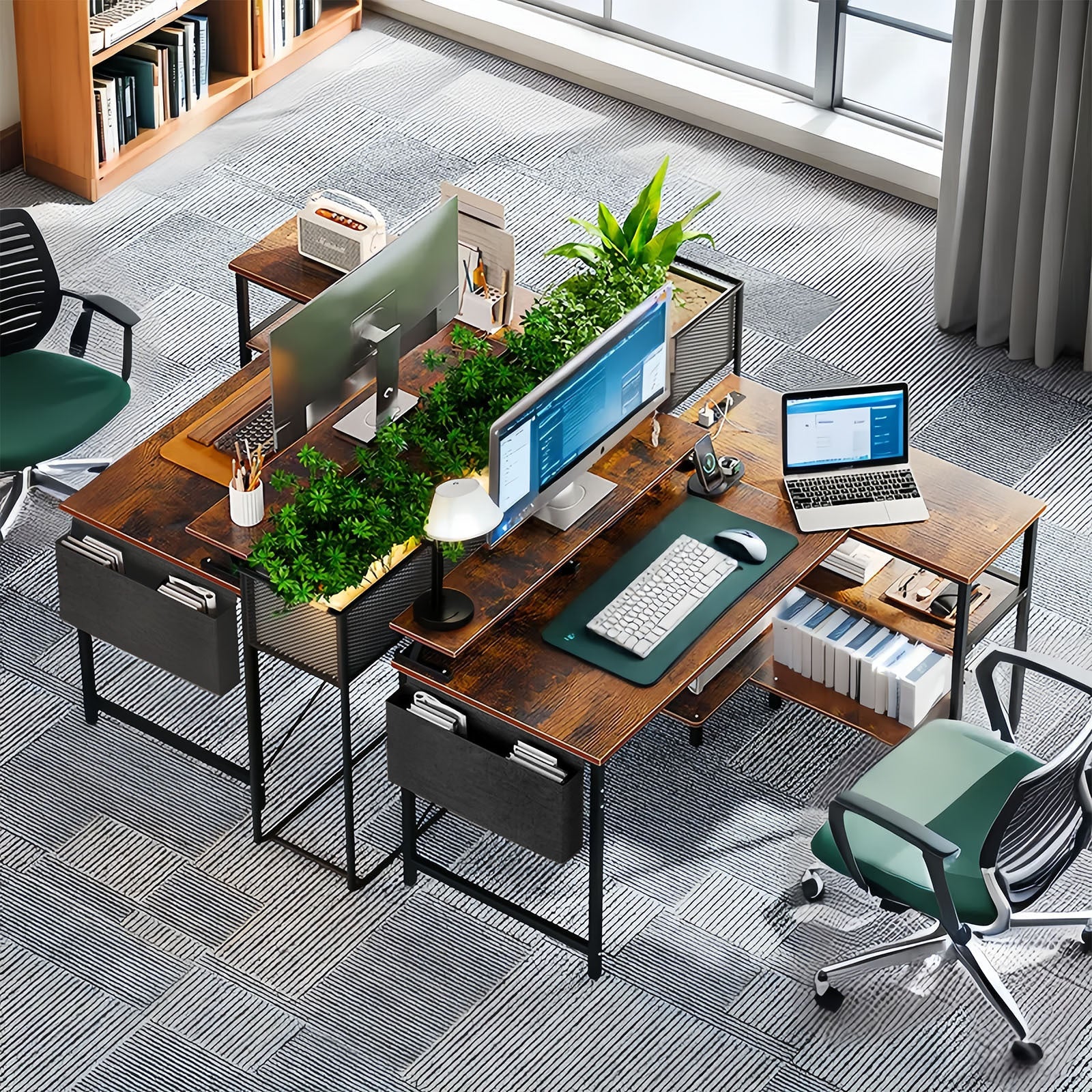 47'' Gaming Desk with Power Outlets, Reversible L Shaped Computer Desk with Monitor Stand & Storage Shelves, Corner Home Office Desk with Side Bag for Home Office, Bedroom, Small Space, Vintage