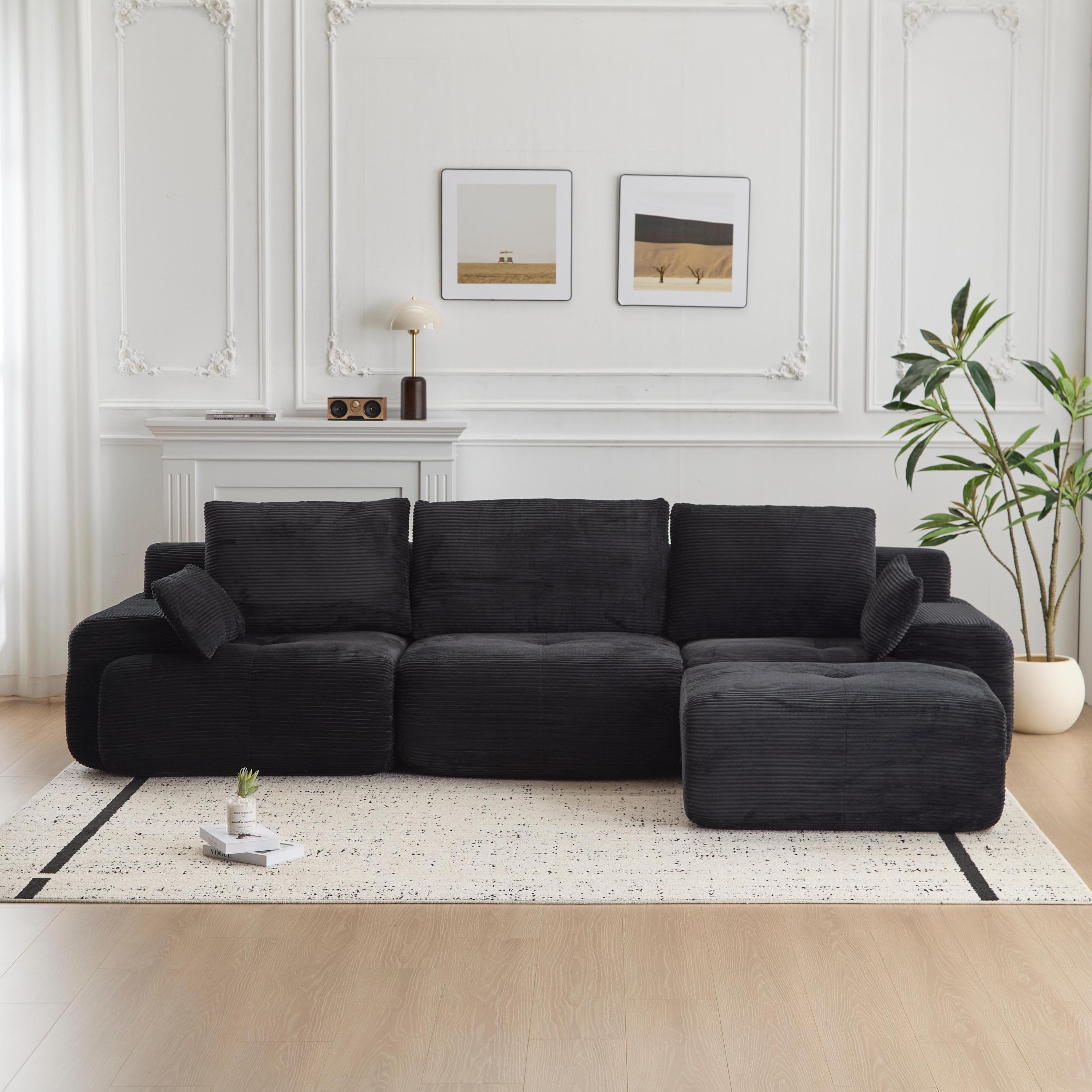Modern Memory Foam Compressed Sofa,Large Sectional Couches for Living Room,Pet-Friendly Cloud Modular Sectional Sofa,Corduroy Fabric,Extra Deep Loveseat,No assembly required, Black