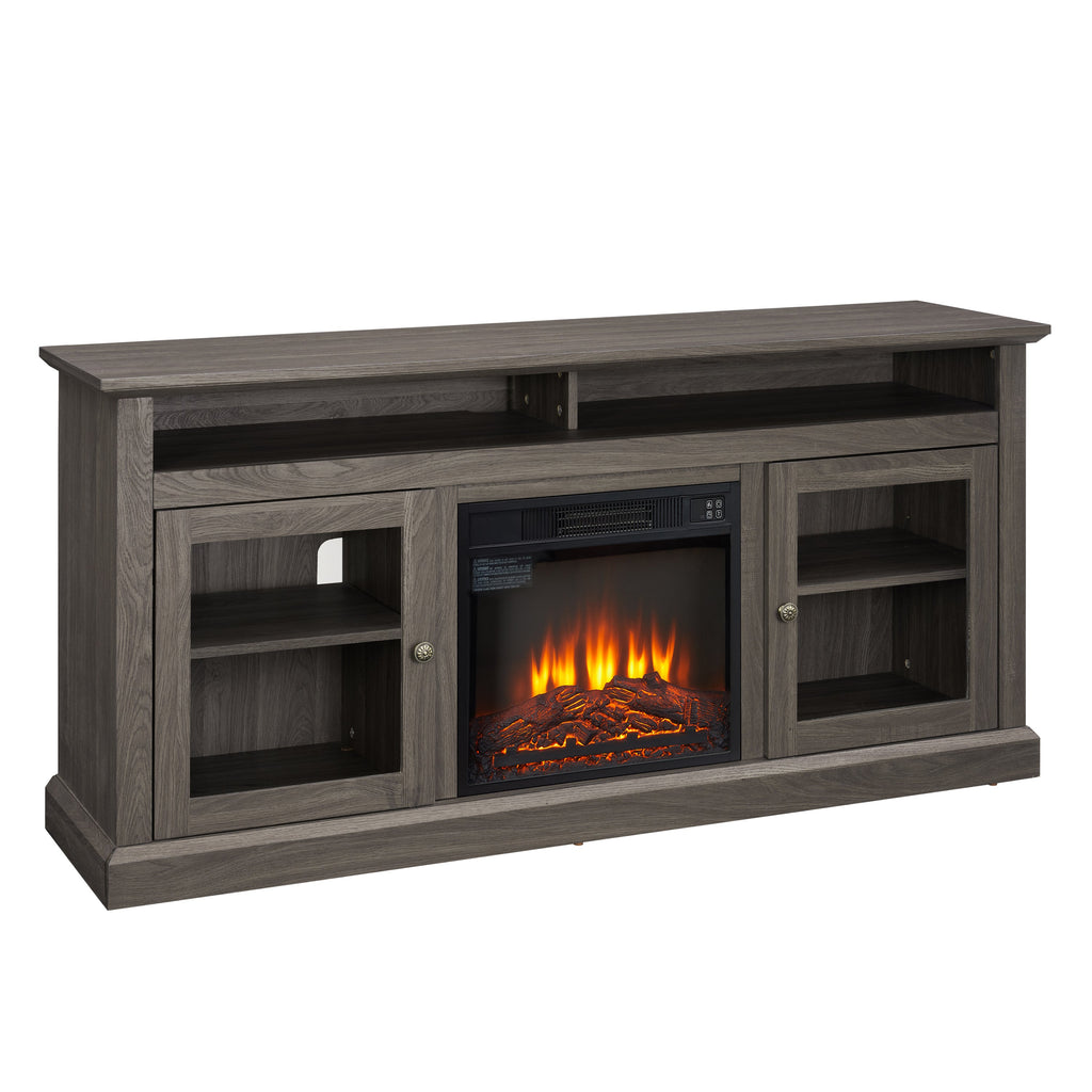 Retro TV Stand for 65'' TV, TV Console Cabinet with Storage, Open Shelves Entertainment Center with 18' Fireplace Insert  for Living Room Dark Walnut 60'W*15.75'D*29'H