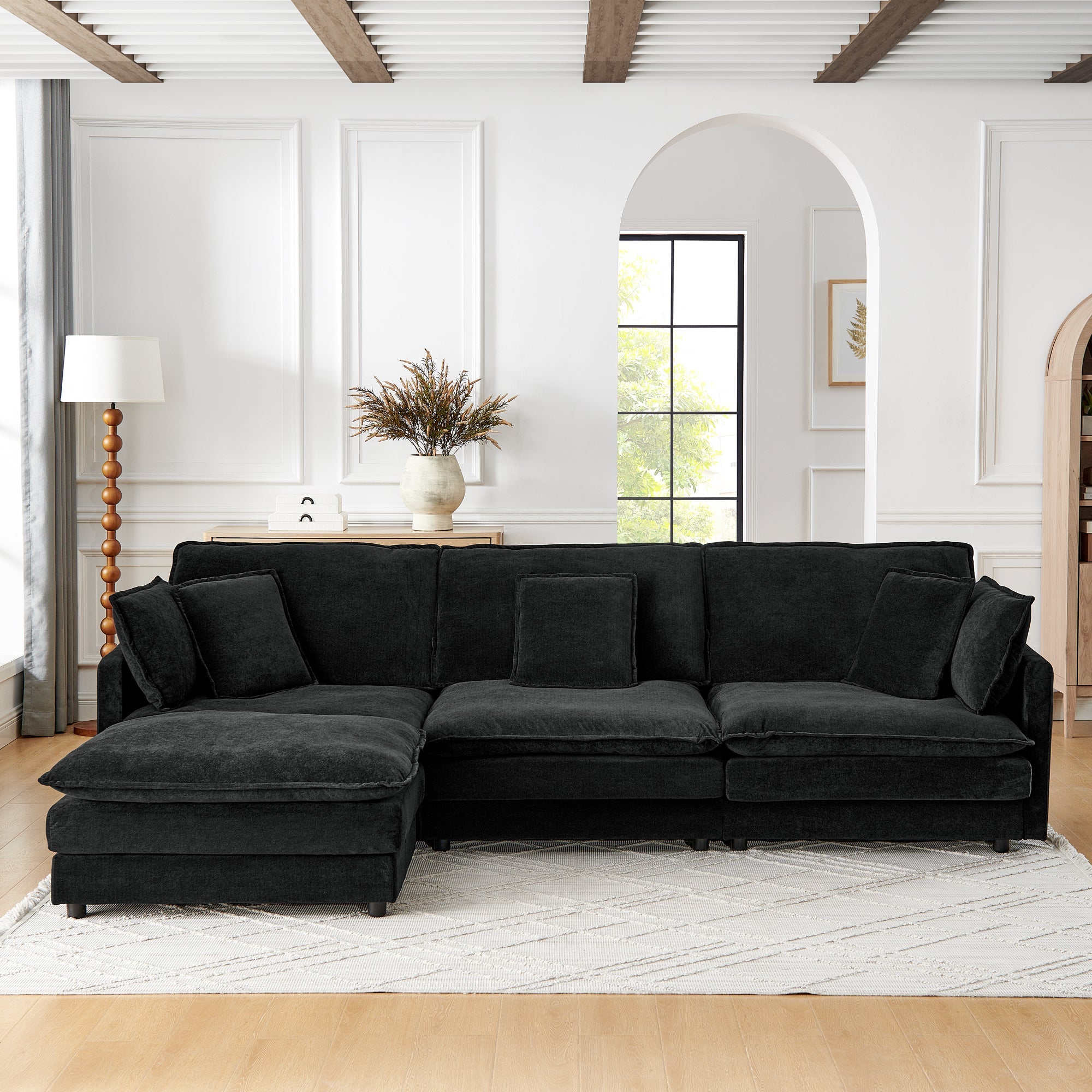 Modern Home Living Room L-Shaped Sectional Sofa Couches with Ottoman, Convertible Oversized 4 Seater Couch Towel Fabric, Black