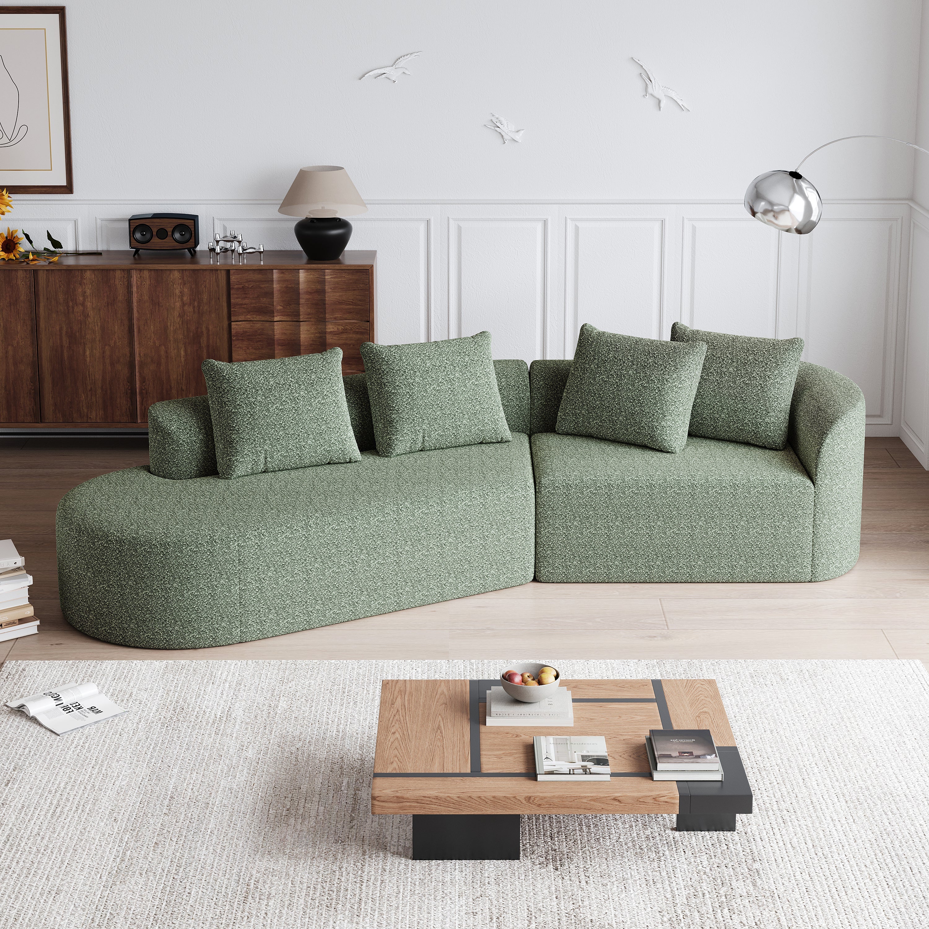 Modern Upholstered Oversized Sectional Sofa, 112-Inch Chenille 4-Seater Extra Deep & Wide Seat Curved Cloud Couch with 4 Throw Pillows, Free Combination Sofa Couch for Living Room,Bedroom