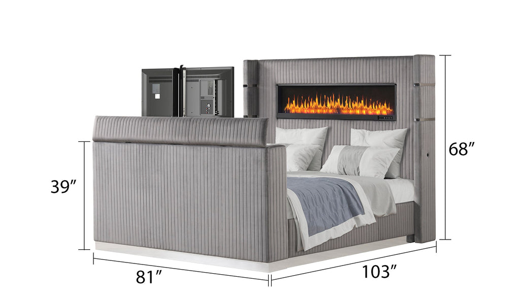 Lavish Modern Style 5 Pc King Bedroom Set Made with Fireplace in Headboard & TV stand in Footboard with Wood in Grey(NJ INVENTORY)