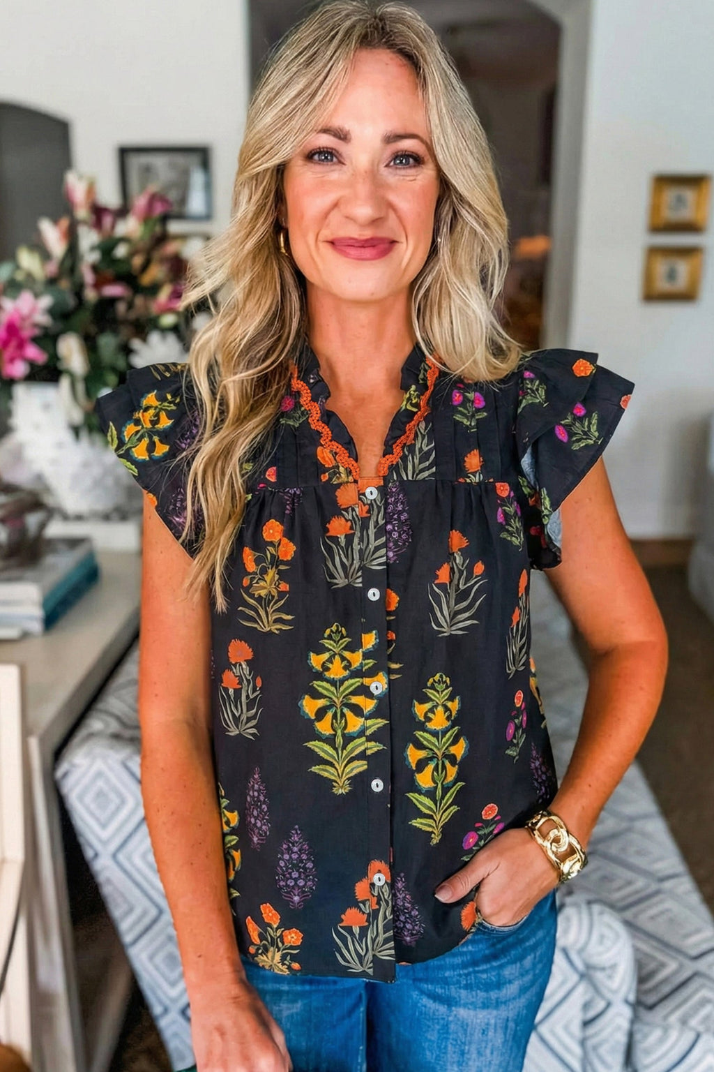 Floral Lace Trim V-Neck Frilled Short Sleeve Shirt