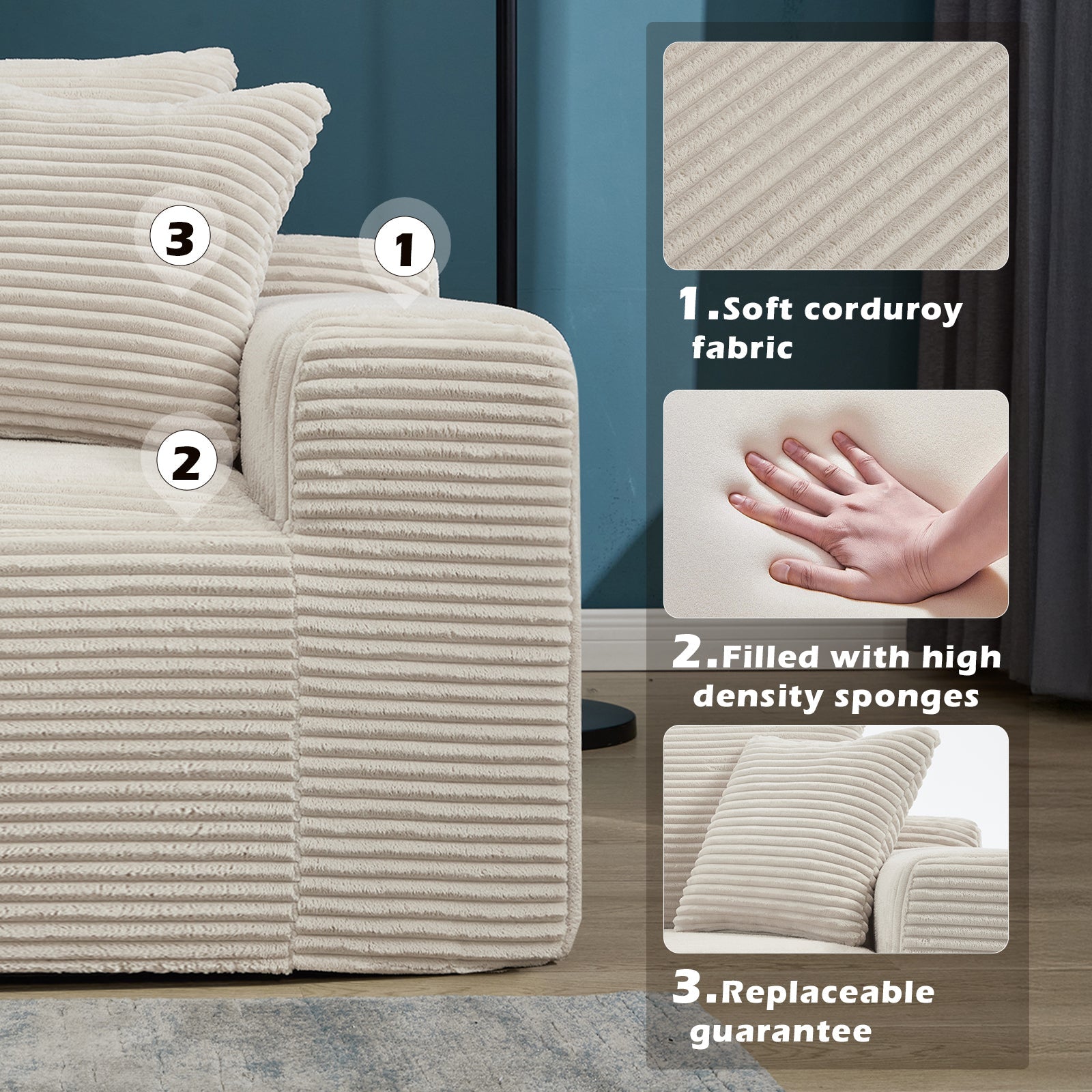 Modular Sectional Sofa Couches L-Shape Couch 3 Seat Modular Sofa Memory Foam Sectional Couches for Living Room, Cloud Couch with Oversized Chaise (Beige, Stripe (Left Facing Chaise))