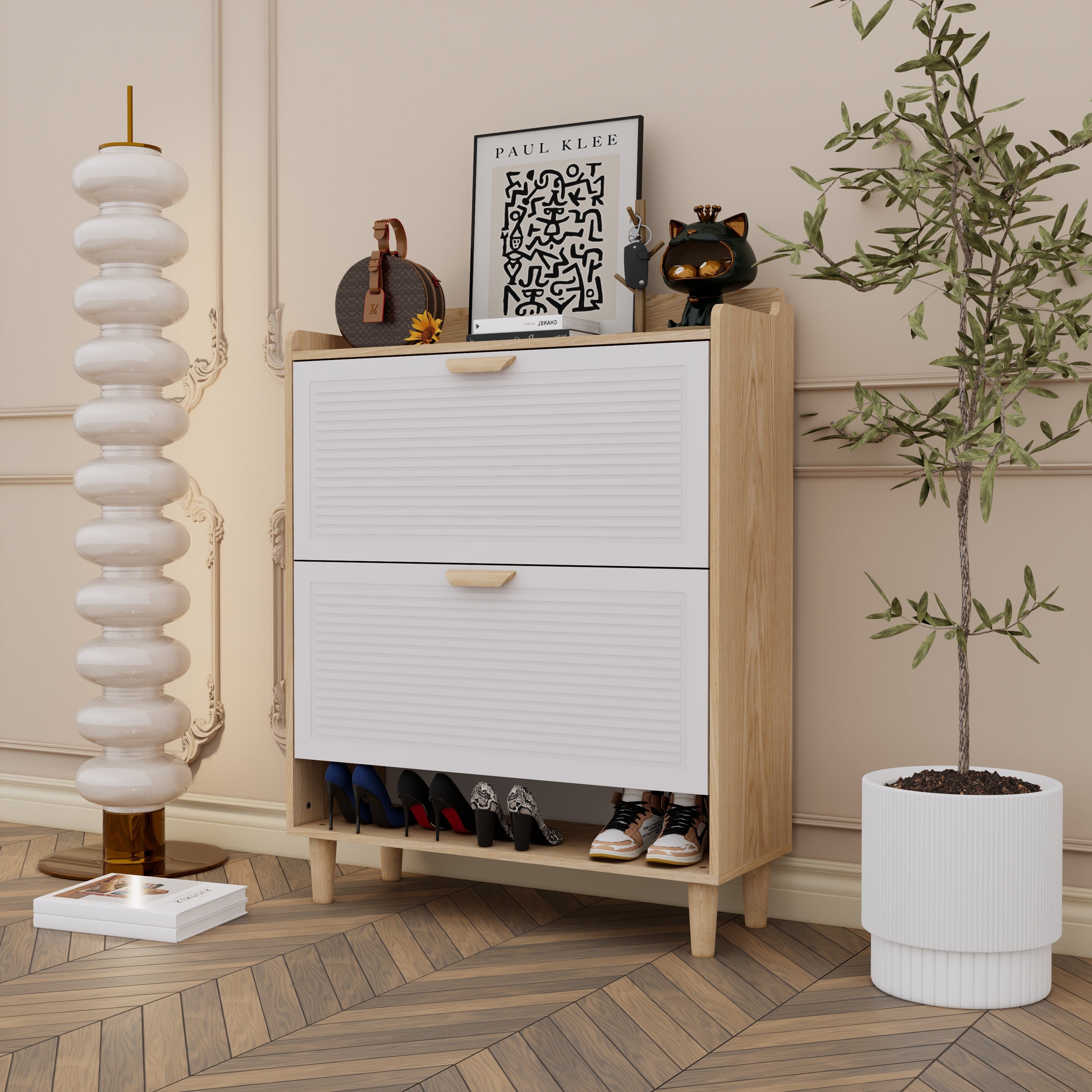 31.5 Inch Nordic Style Shoe Storage Cabinet with 2 Flip Drawers, Freestanding Organizer with Solid Wood Legs for Entryway, Narrow Shoe Rack Cabinet (White and Solid Wood Color Matched)