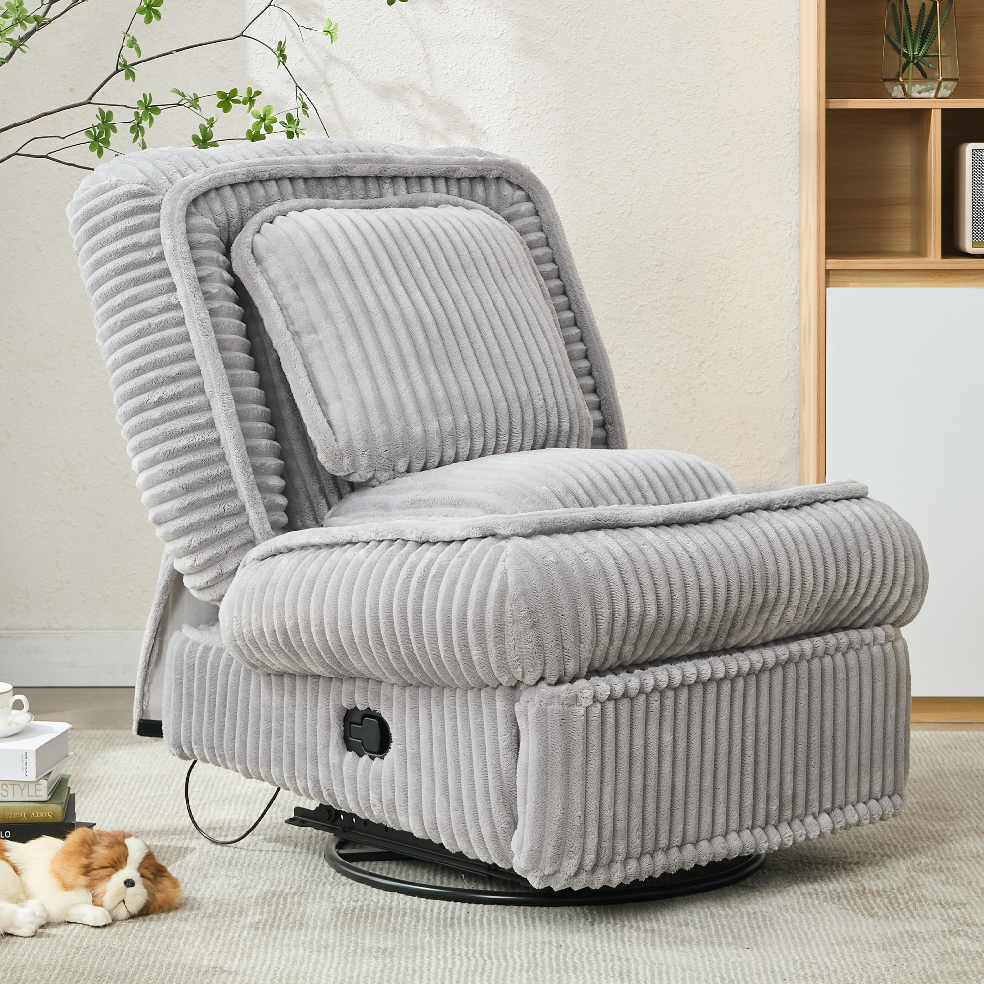 [NEW ARRIVED] 360° Swivel Rocking Single Sofa,Recliner Sofa, Manual Glider Rocking Armless Chair,Living Room Office, With Adjustable Backrest and Footrest and pillows, Small Spaces,Corduroy , Gray